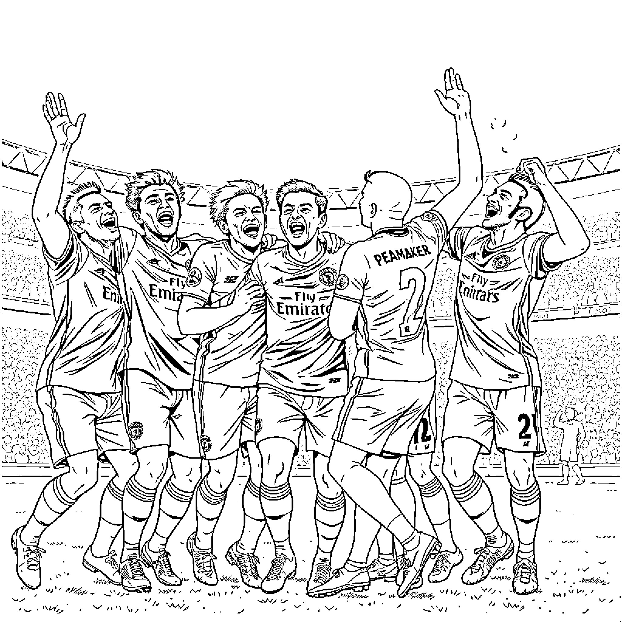 Manchester United Players Celebrating a Victory on the Pitch Coloring Page (free black-and-white line drawing printable PDF for all, from beginners to advanced learners, including children, teens, adults, and seniors)