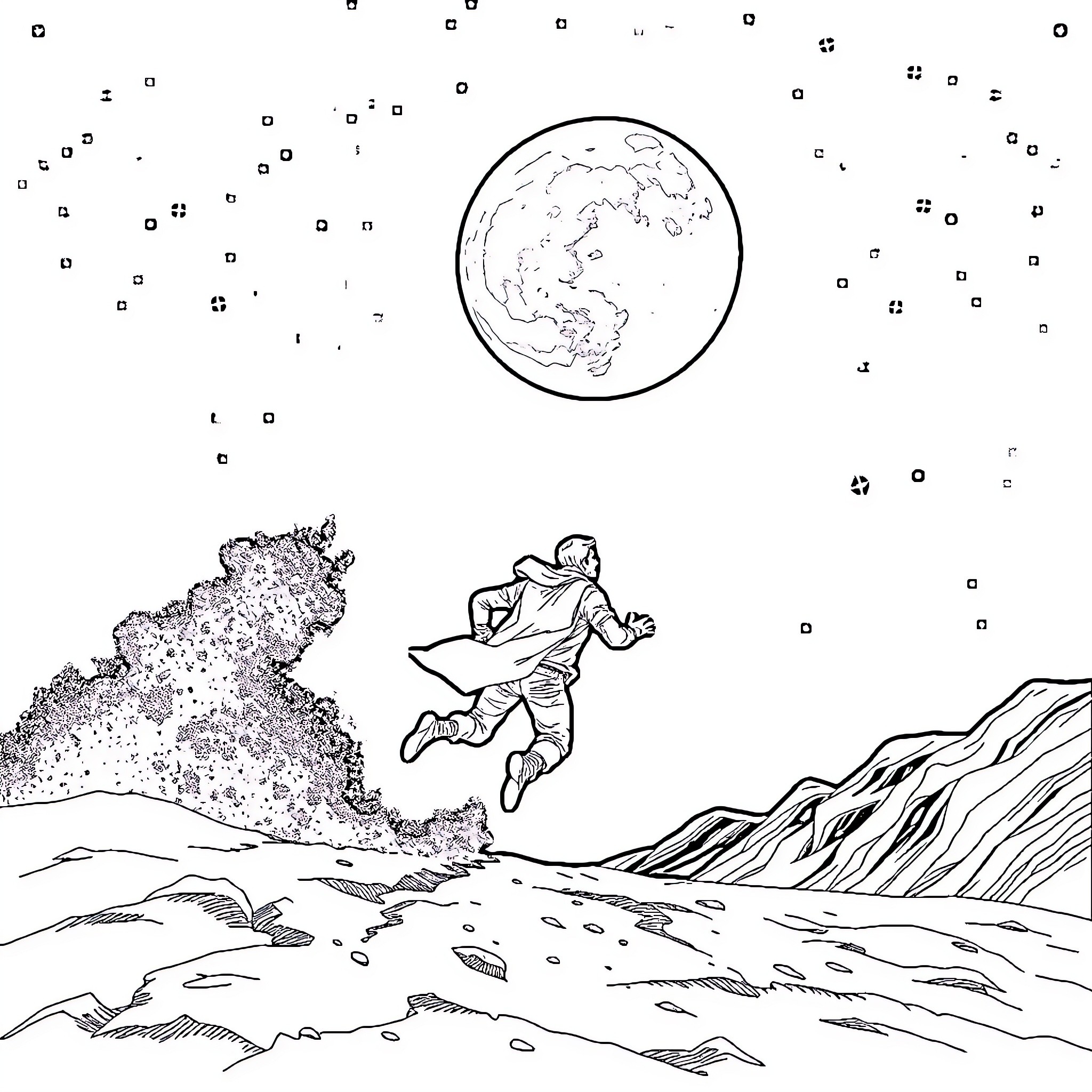 Man exploring the moon's surface with spacecraft Coloring Page (free black-and-white line drawing printable PDF for all, from beginners to advanced learners, including children, teens, adults, and seniors)