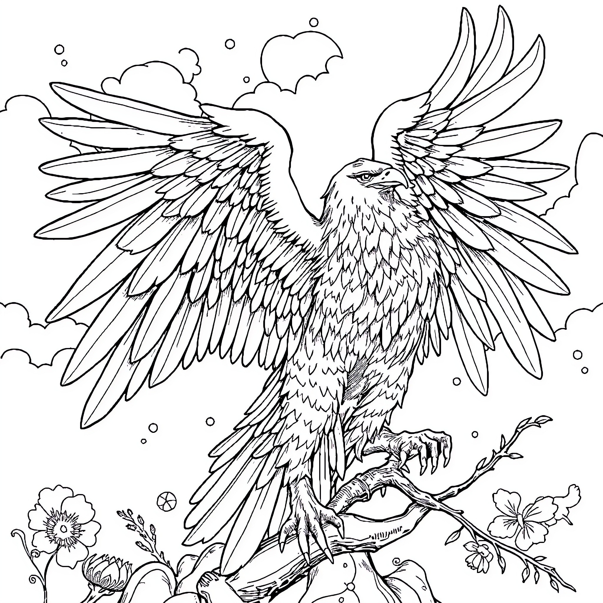 French Bulldog Taking Flight in Magical Landscape Coloring Page (free black-and-white line drawing printable PDF for all, from beginners to advanced learners, including children, teens, adults, and seniors)