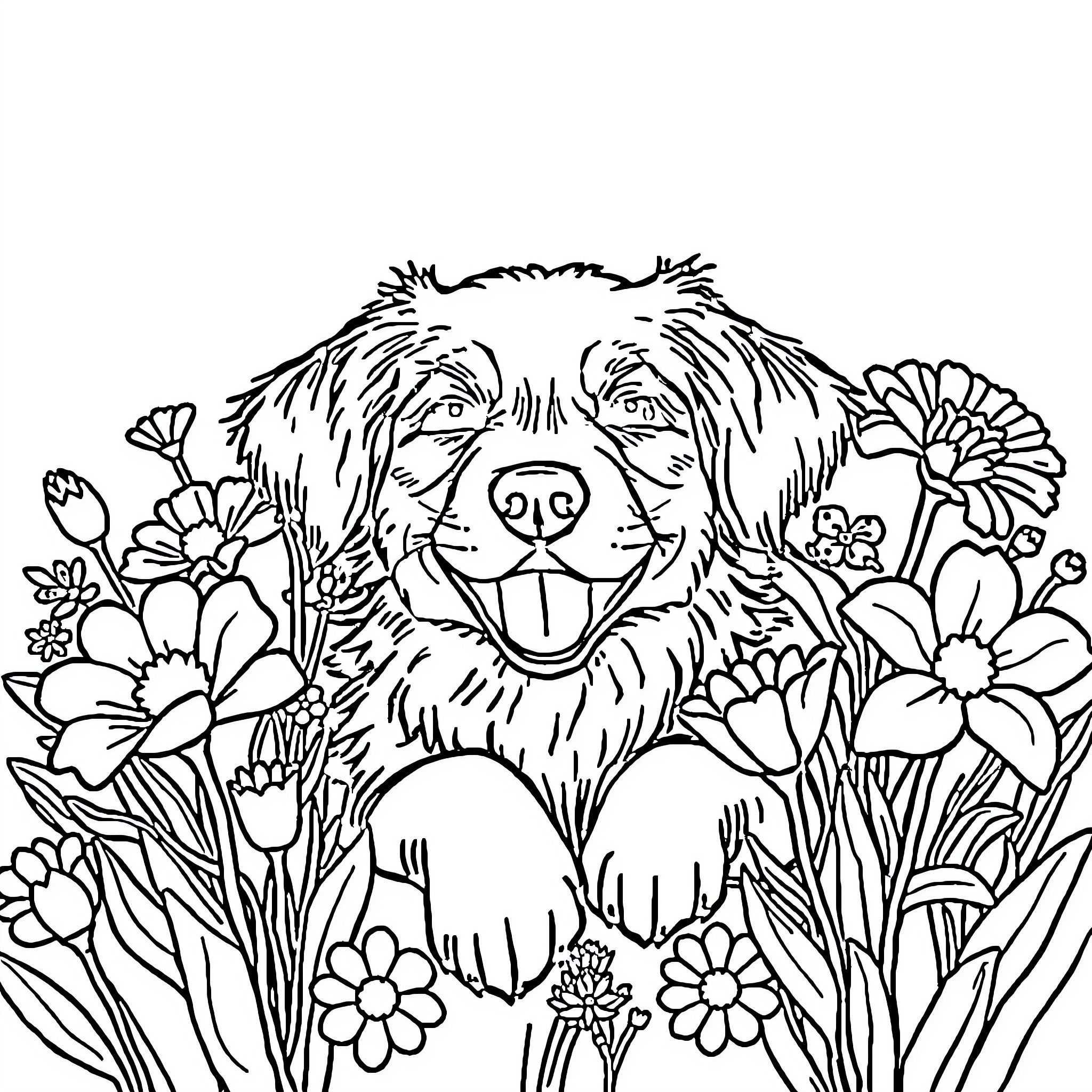 Dog surrounded by blooming flowers Coloring Page (free black-and-white line drawing printable PDF for all, from beginners to advanced learners, including children, teens, adults, and seniors)