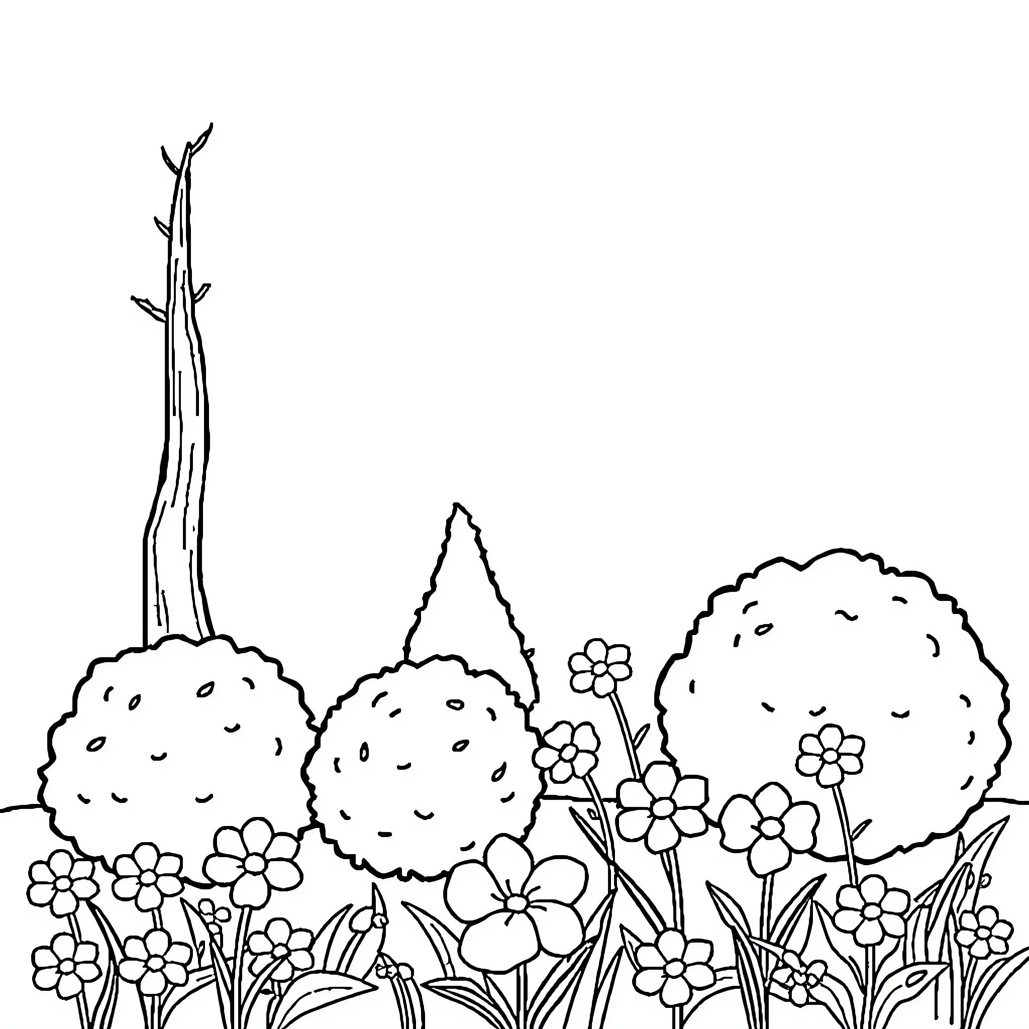 Garden with Whimsical Floral Landscape Coloring Page (free black-and-white line drawing printable PDF for all, from beginners to advanced learners, including children, teens, adults, and seniors)