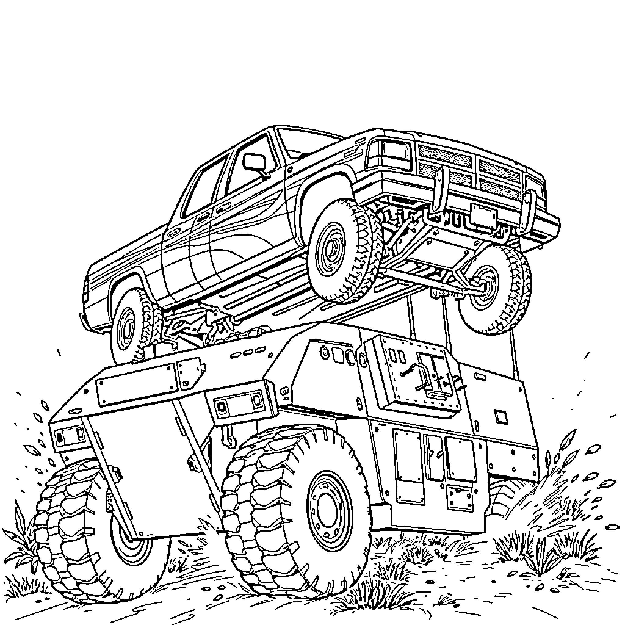 Dodge Dakota pickup truck navigates rugged terrain Coloring Page (free black-and-white line drawing printable PDF for all, from beginners to advanced learners, including children, teens, adults, and seniors)