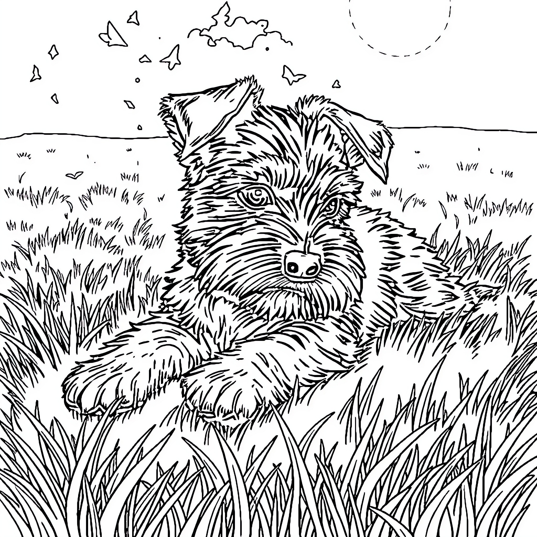 Schnauzer playing in the grass Coloring Page (free black-and-white line drawing printable PDF for all, from beginners to advanced learners, including children, teens, adults, and seniors)