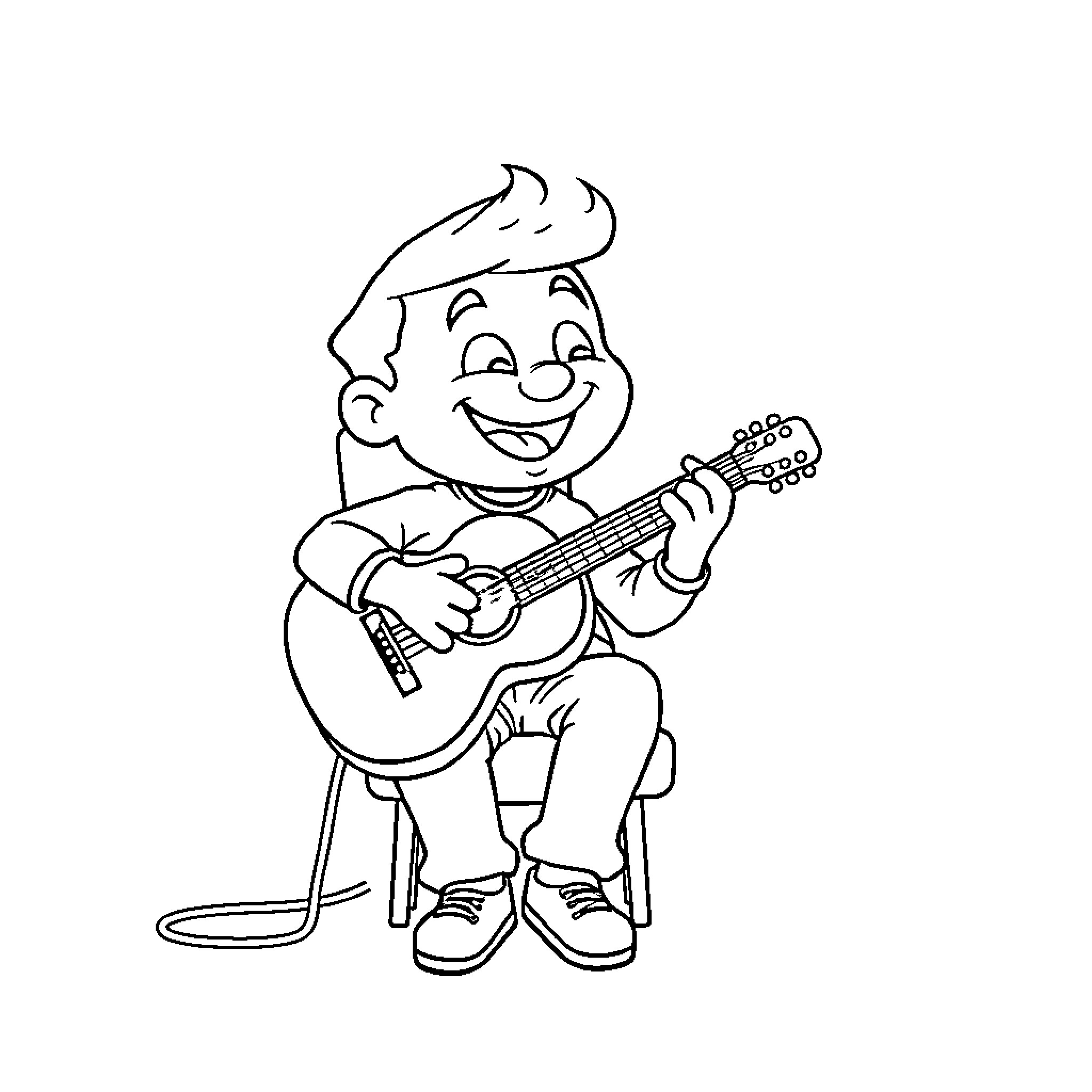 Roomy young boy playing guitar happily Coloring Page (free black-and-white line drawing printable PDF for all, from beginners to advanced learners, including children, teens, adults, and seniors)