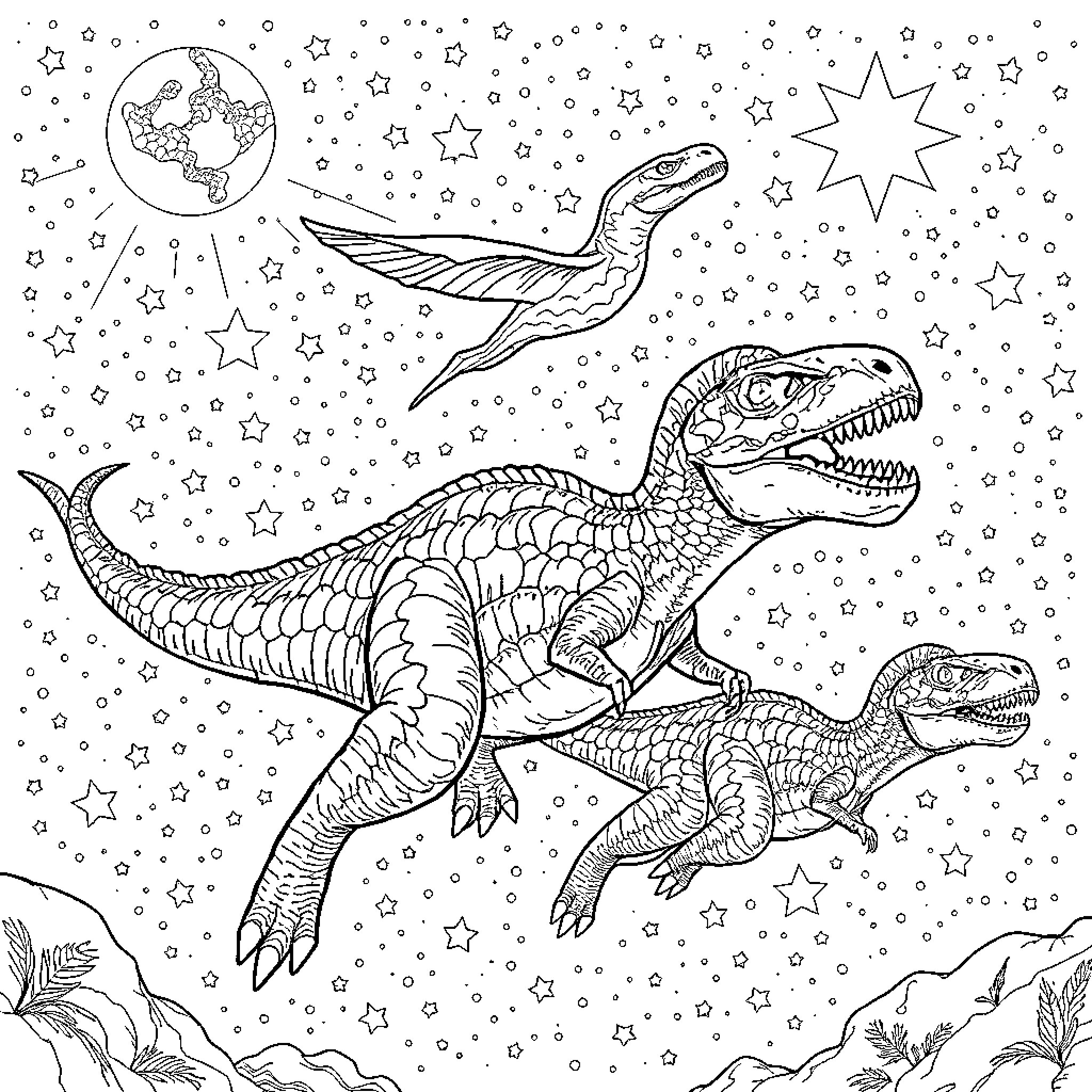 Dinosaurs exploring the cosmic landscape Coloring Page (free black-and-white line drawing printable PDF for all, from beginners to advanced learners, including children, teens, adults, and seniors)