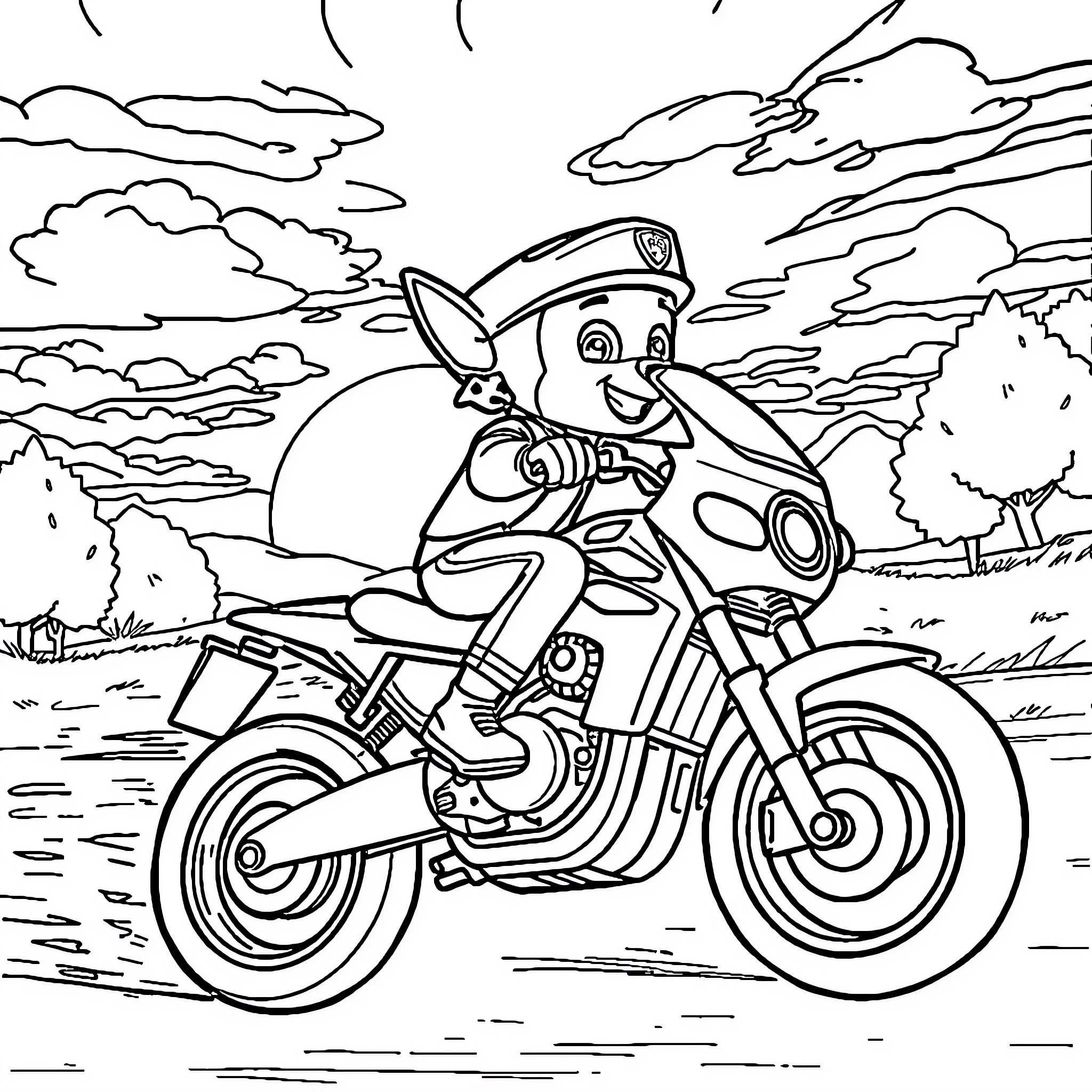 Motor Bike Rider Speeding Through Countryside Coloring Page (free black-and-white line drawing printable PDF for all, from beginners to advanced learners, including children, teens, adults, and seniors)
