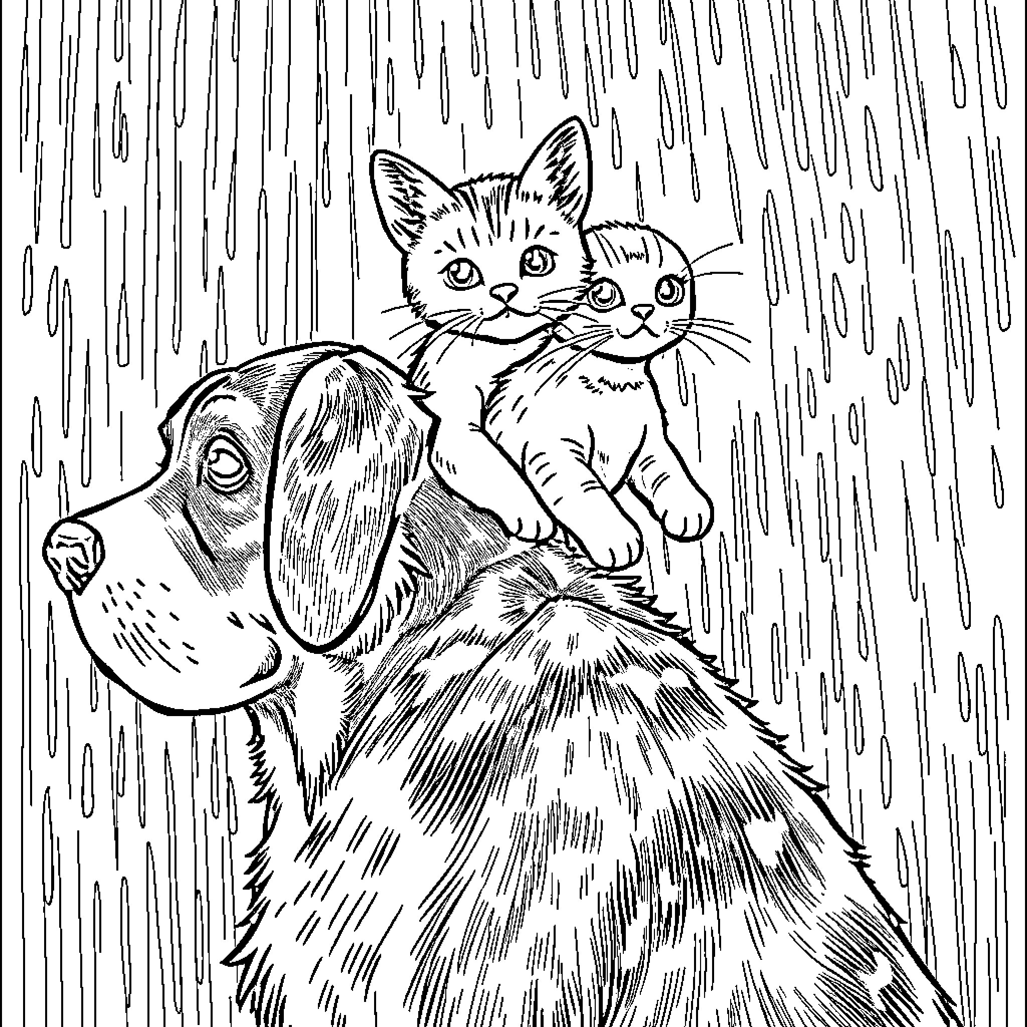 Cat companions seeking shelter from the rain Coloring Page (free black-and-white line drawing printable PDF for all, from beginners to advanced learners, including children, teens, adults, and seniors)