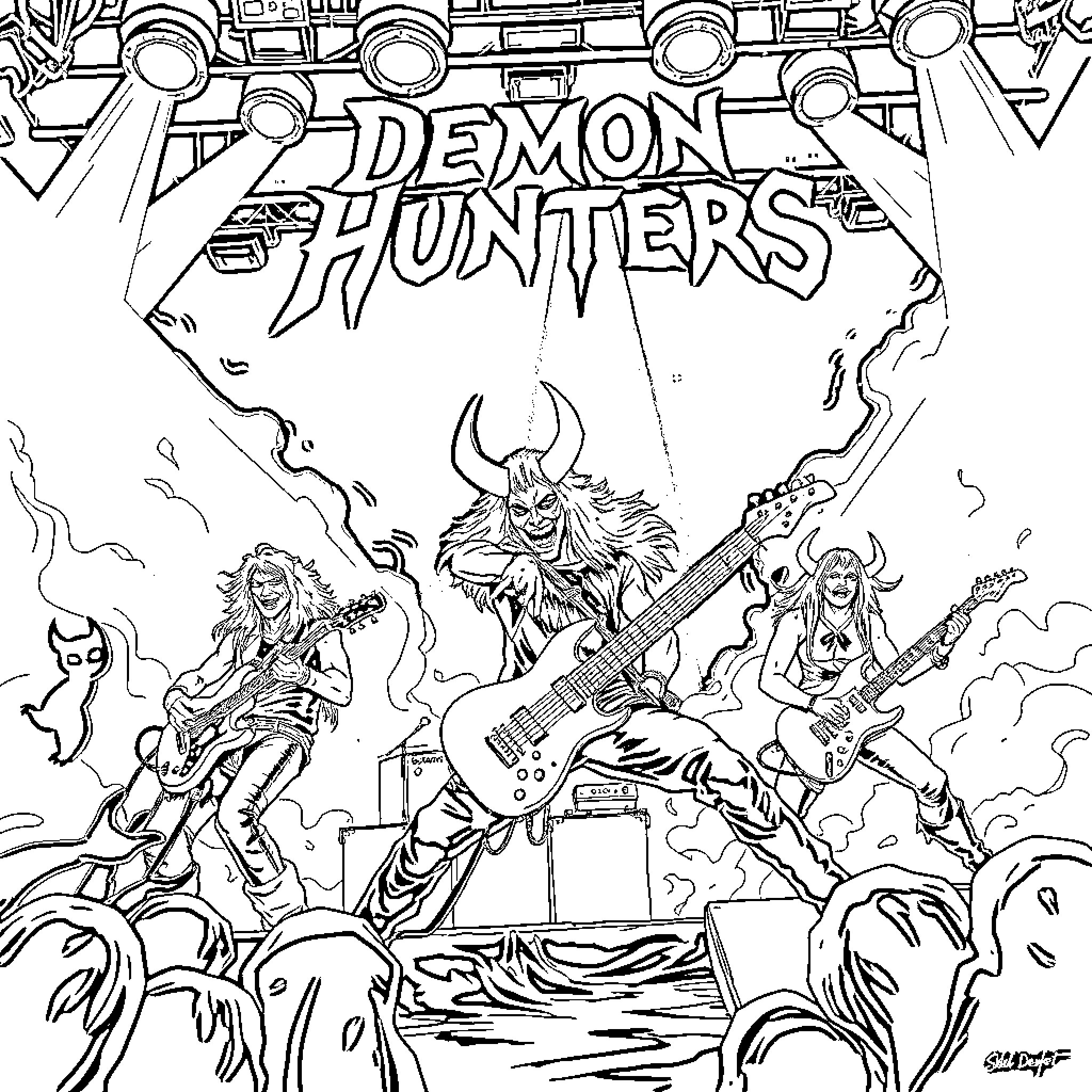 Demon Hunters Rocking Out on Stage Coloring Page (free black-and-white line drawing printable PDF for all, from beginners to advanced learners, including children, teens, adults, and seniors)