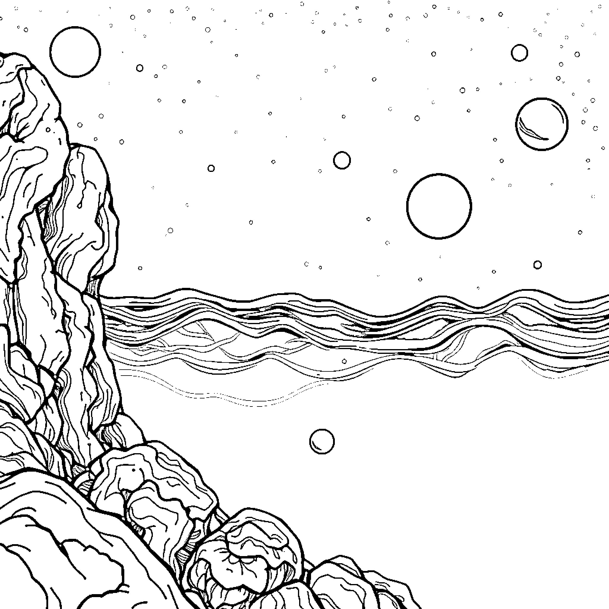 Precambrian Era cosmic landscape with rocky formations Coloring Page (free black-and-white line drawing printable PDF for all, from beginners to advanced learners, including children, teens, adults, and seniors)