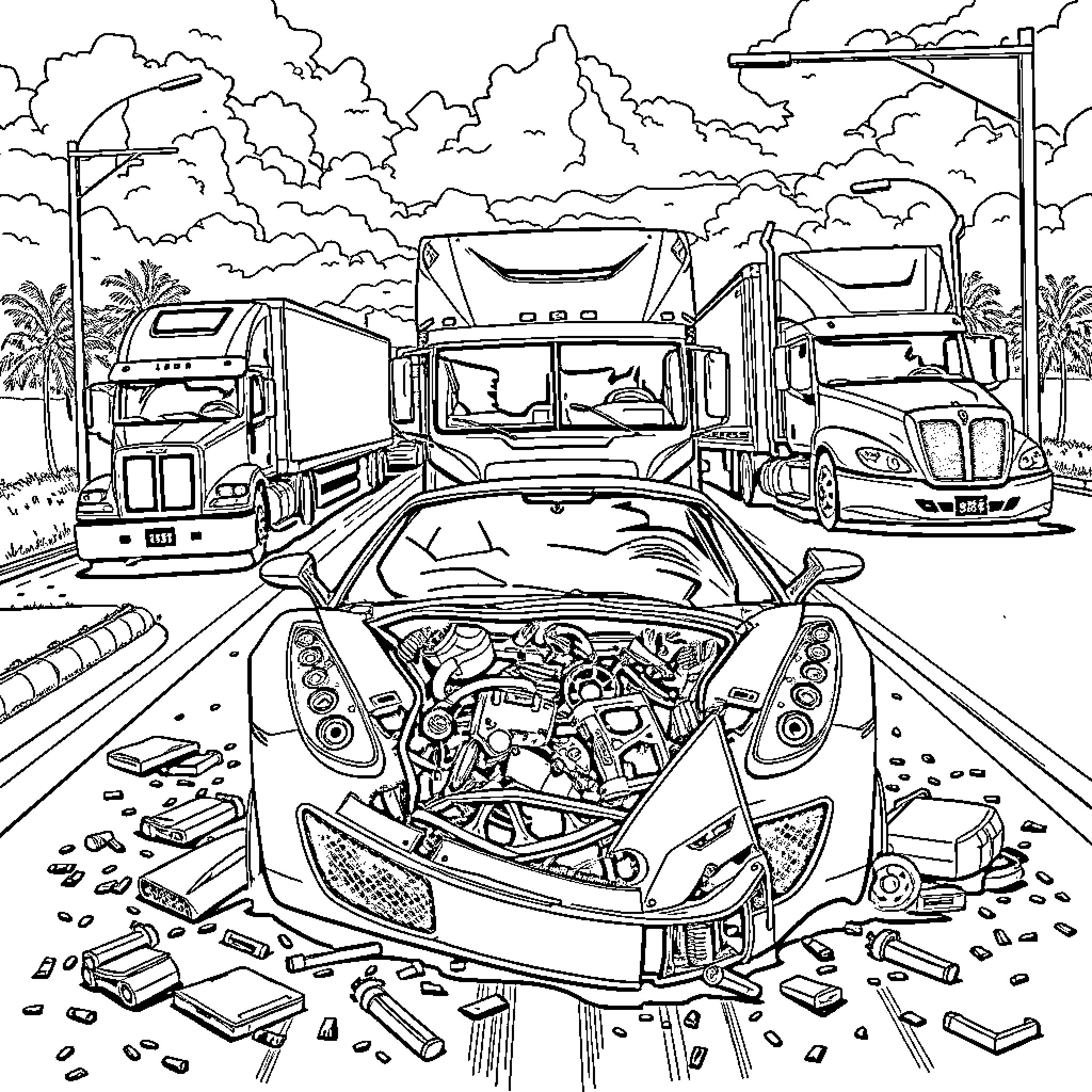 Car repair scene on a rural road Coloring Page (free black-and-white line drawing printable PDF for all, from beginners to advanced learners, including children, teens, adults, and seniors)