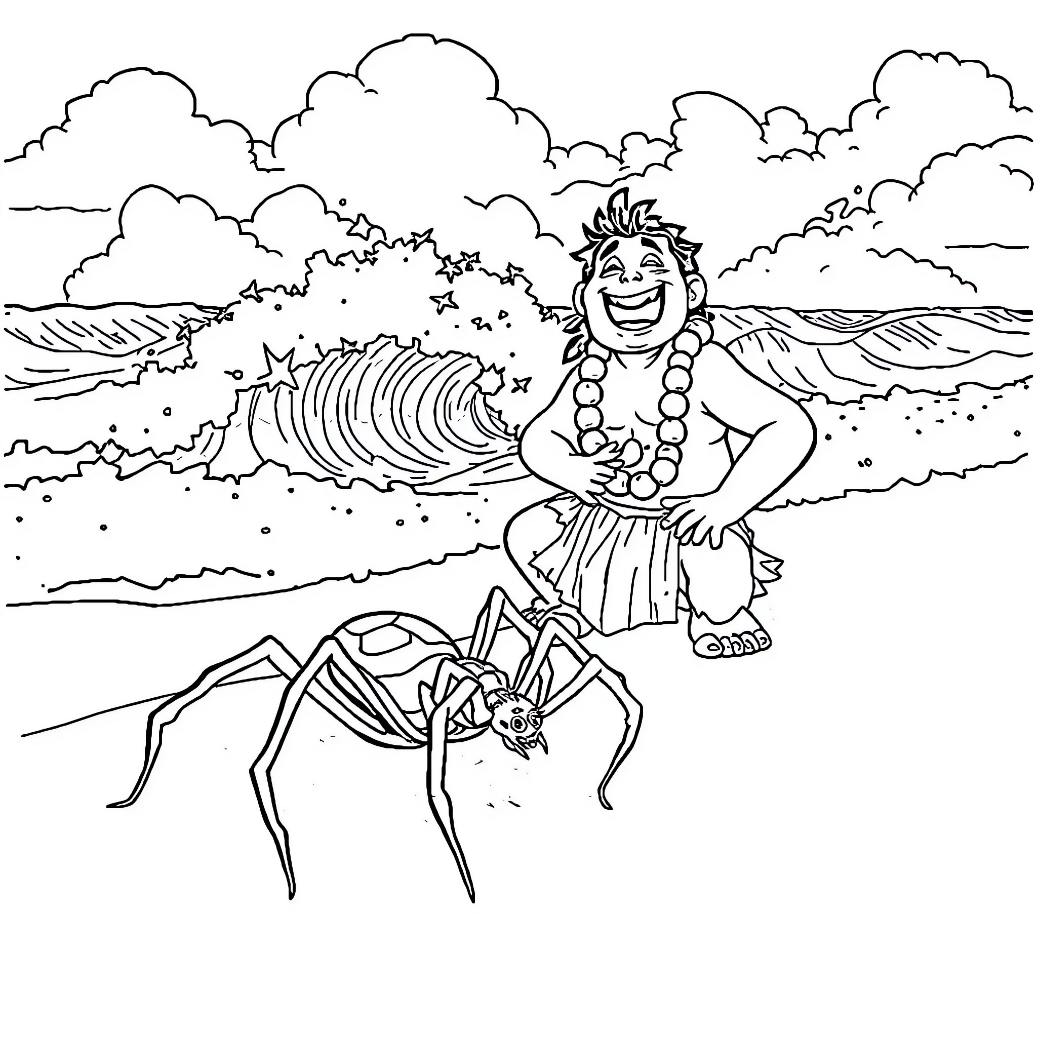 Spider-themed Hawaiian hula dancer on the beach Coloring Page (free black-and-white line drawing printable PDF for all, from beginners to advanced learners, including children, teens, adults, and seniors)
