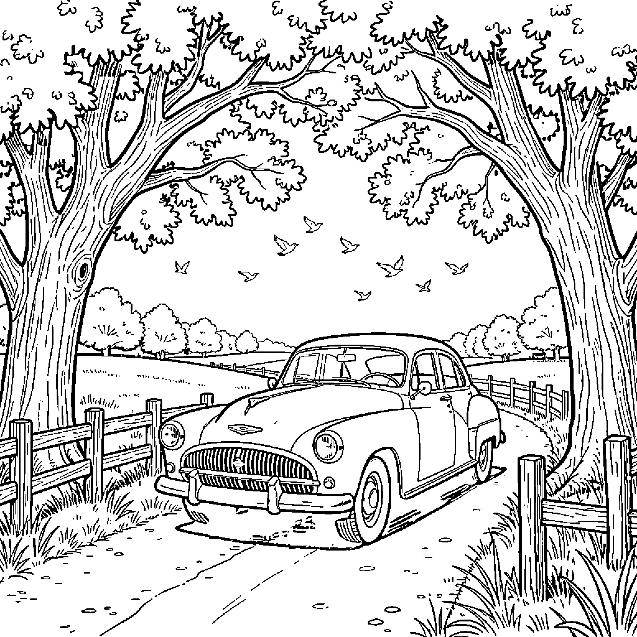 Car parked along a peaceful country road Coloring Page (free black-and-white line drawing printable PDF for all, from beginners to advanced learners, including children, teens, adults, and seniors)