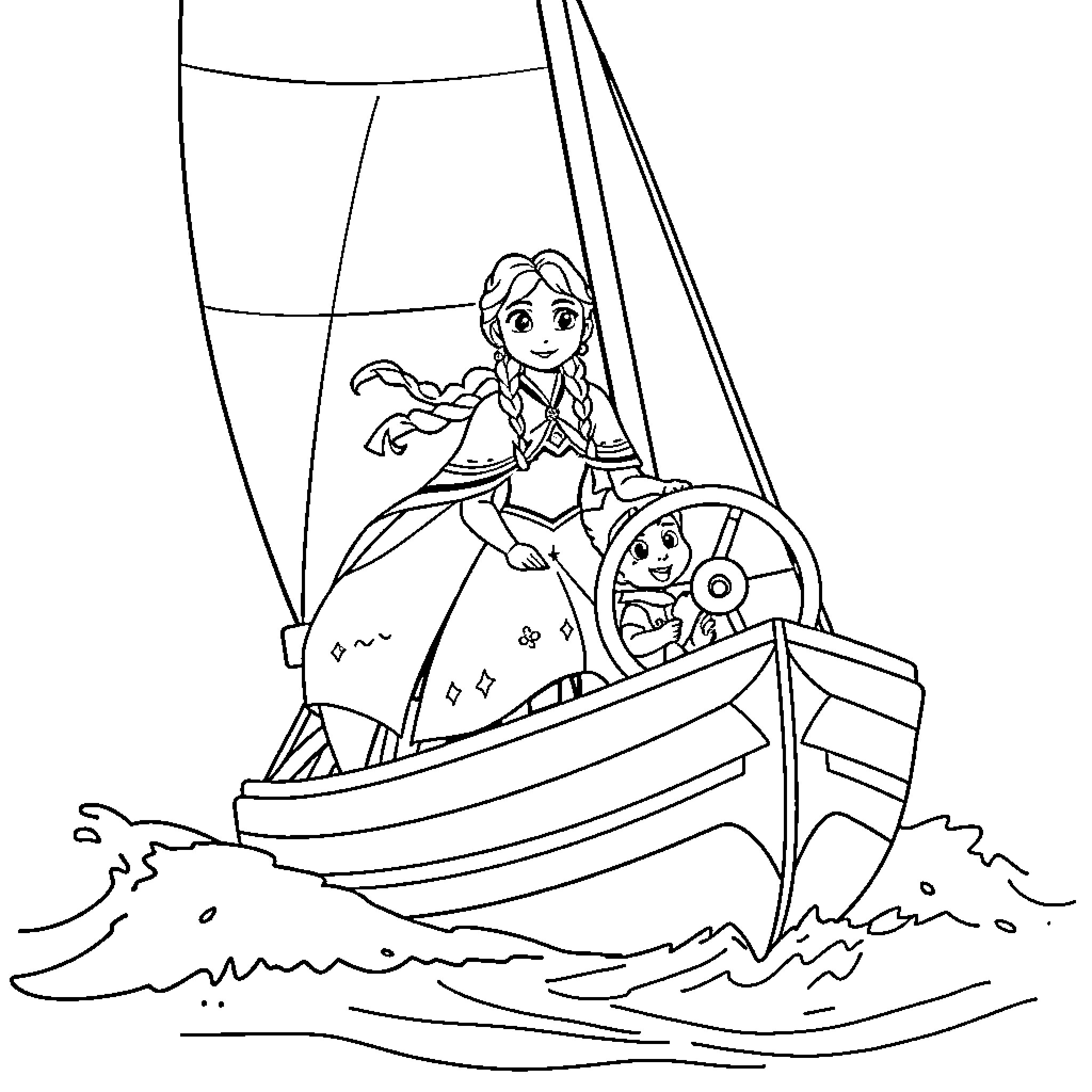 Anna's Exciting Sailing Adventure Coloring Page (free black-and-white line drawing printable PDF for all, from beginners to advanced learners, including children, teens, adults, and seniors)