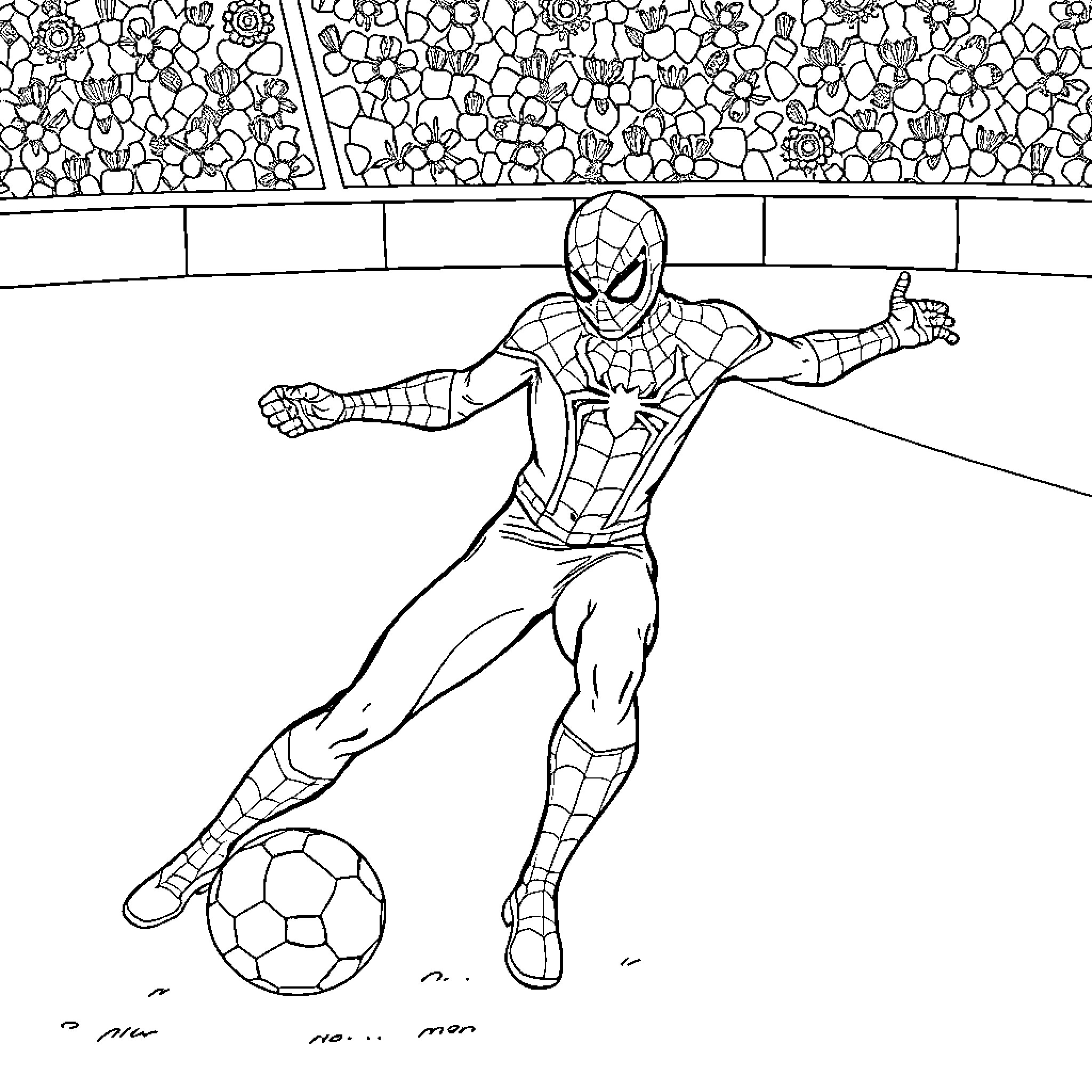 Spiderman playing football on field with floral background Coloring Page (free black-and-white line drawing printable PDF for all, from beginners to advanced learners, including children, teens, adults, and seniors)