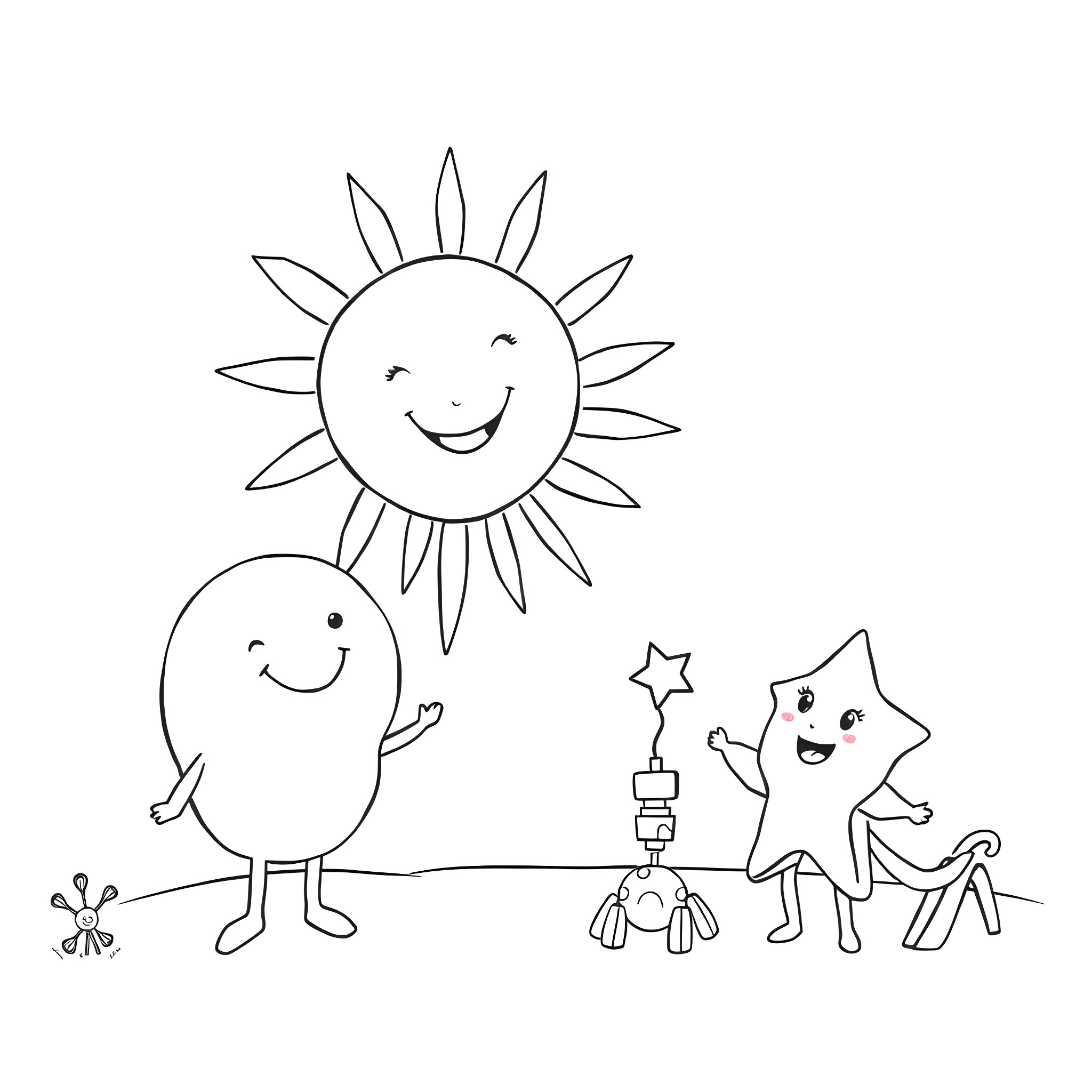 Sun Moon Star celebrating happily together Coloring Page (free black-and-white line drawing printable PDF for all, from beginners to advanced learners, including children, teens, adults, and seniors)