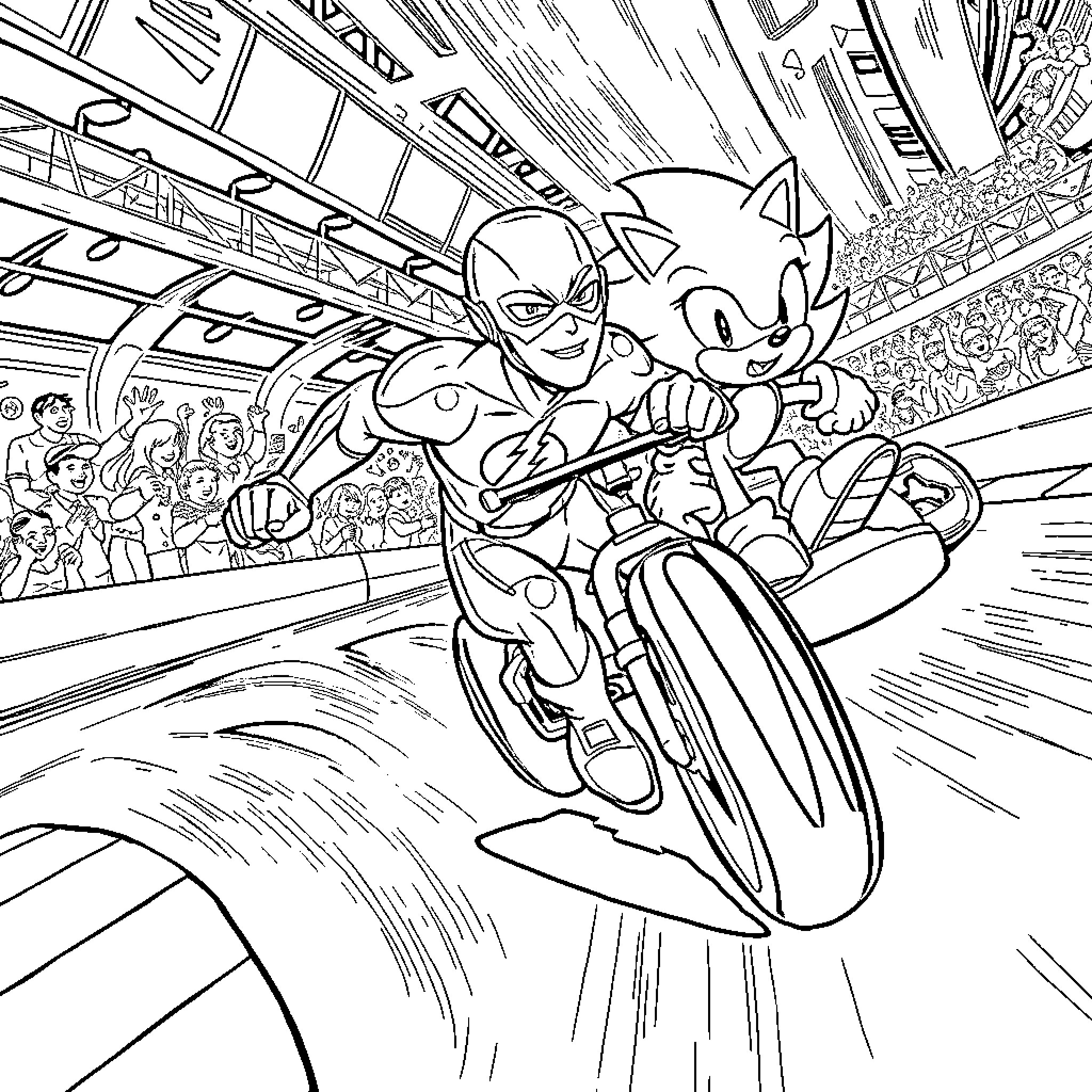 Flash of Sonic and Tails on Speeding Motorcycles Coloring Page (free black-and-white line drawing printable PDF for all, from beginners to advanced learners, including children, teens, adults, and seniors)