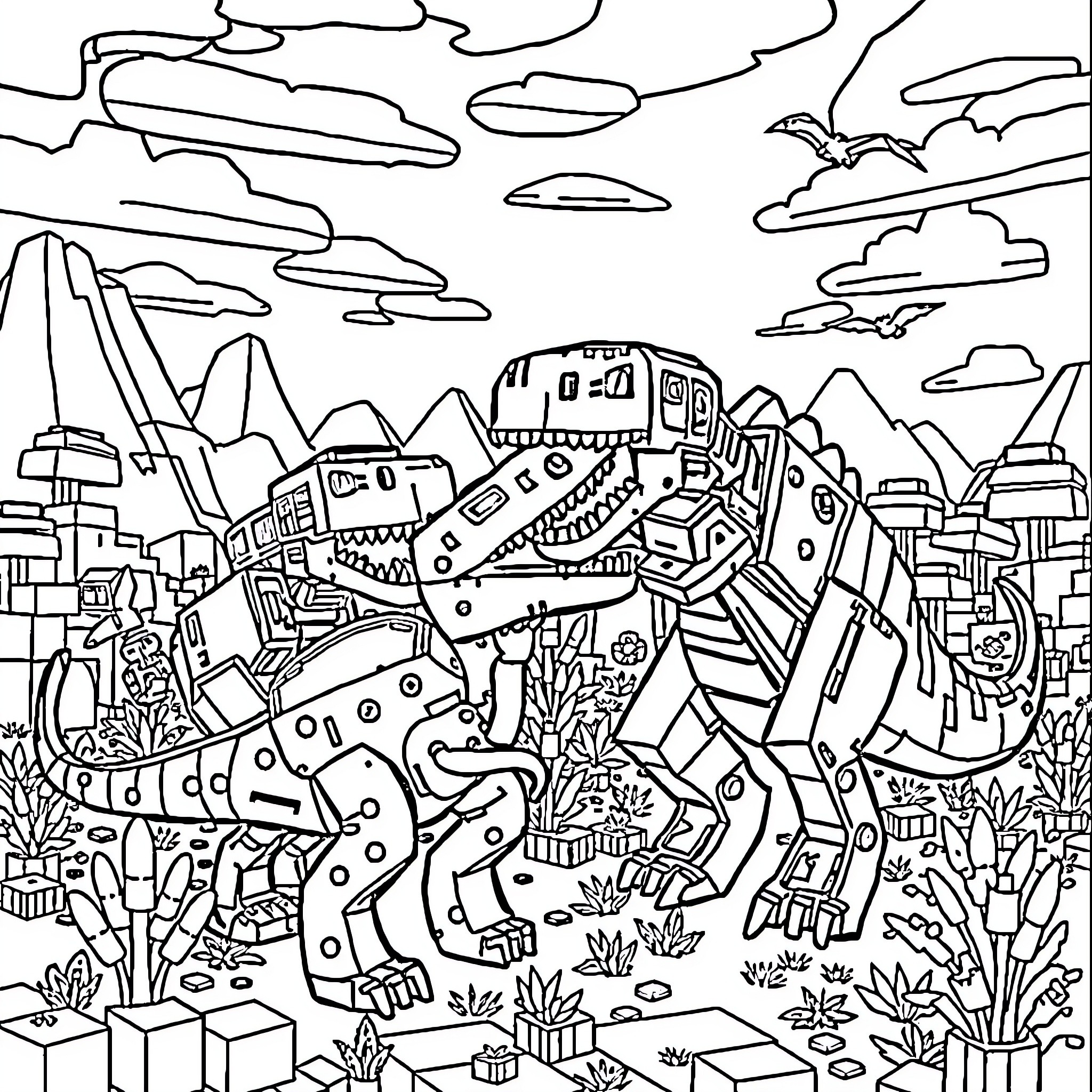 Dinosaur robots roaming a futuristic landscape Coloring Page (free black-and-white line drawing printable PDF for all, from beginners to advanced learners, including children, teens, adults, and seniors)