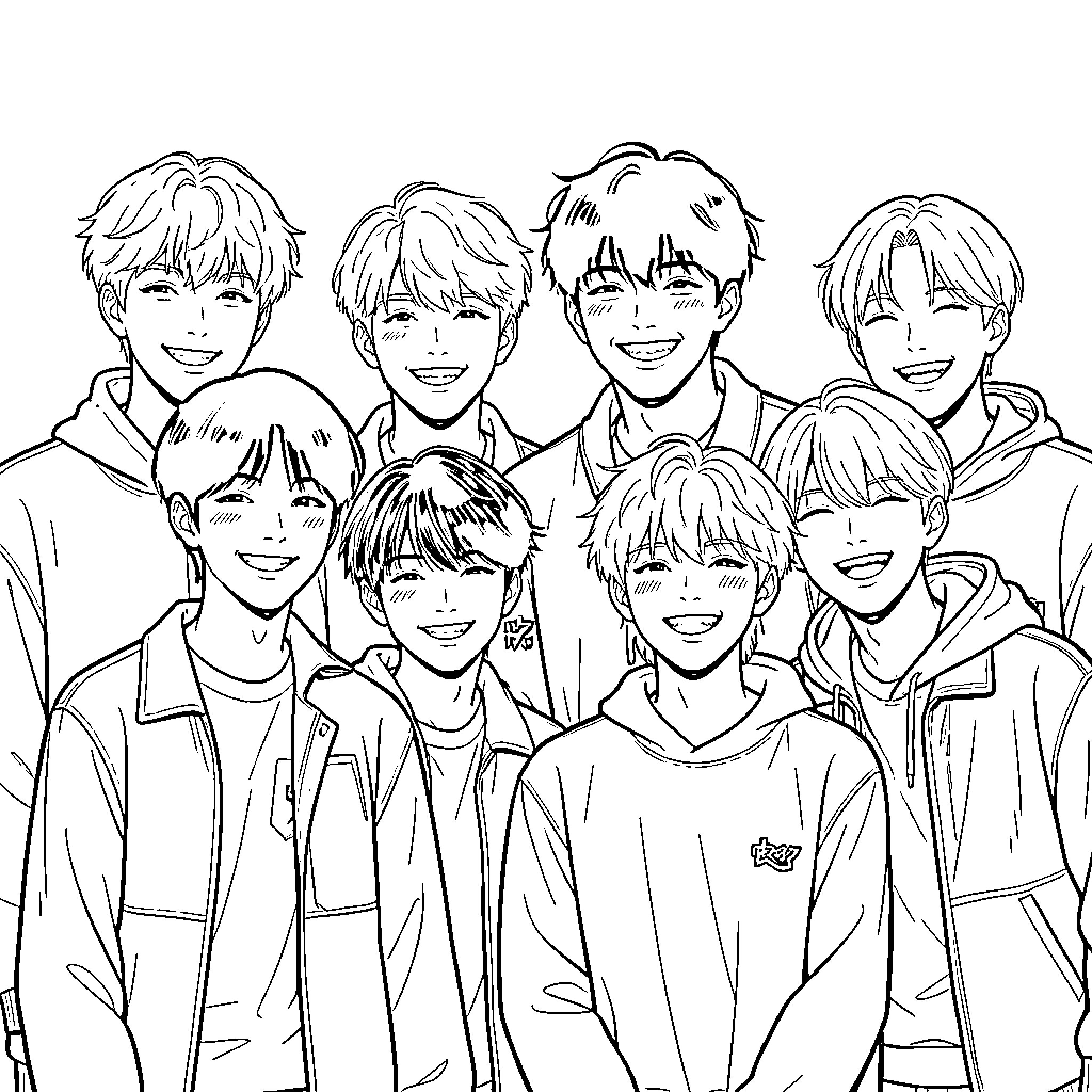 Enhypen members in casual outfits and smiling expressions Coloring Page (free black-and-white line drawing printable PDF for all, from beginners to advanced learners, including children, teens, adults, and seniors)