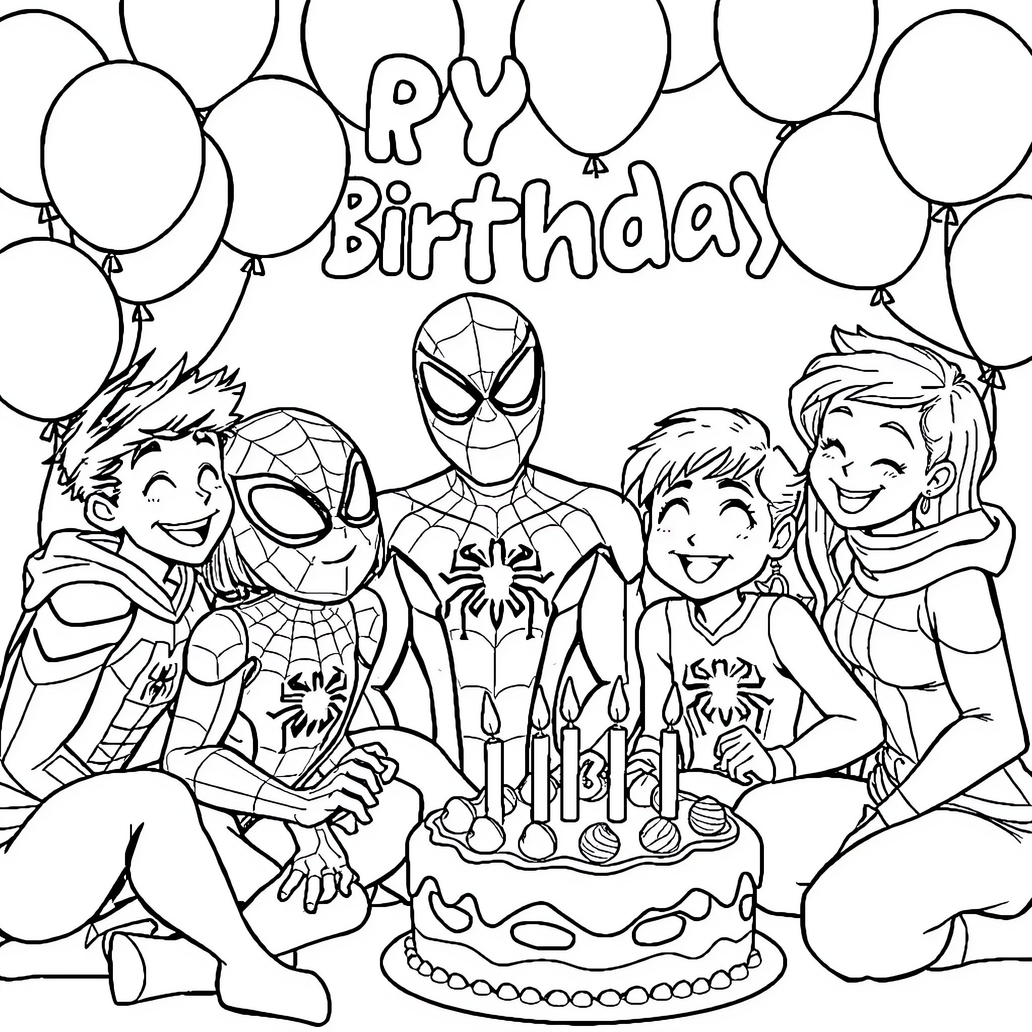 Spidey and friends celebrate a Happy Birthday Coloring Page (free black-and-white line drawing printable PDF for all, from beginners to advanced learners, including children, teens, adults, and seniors)