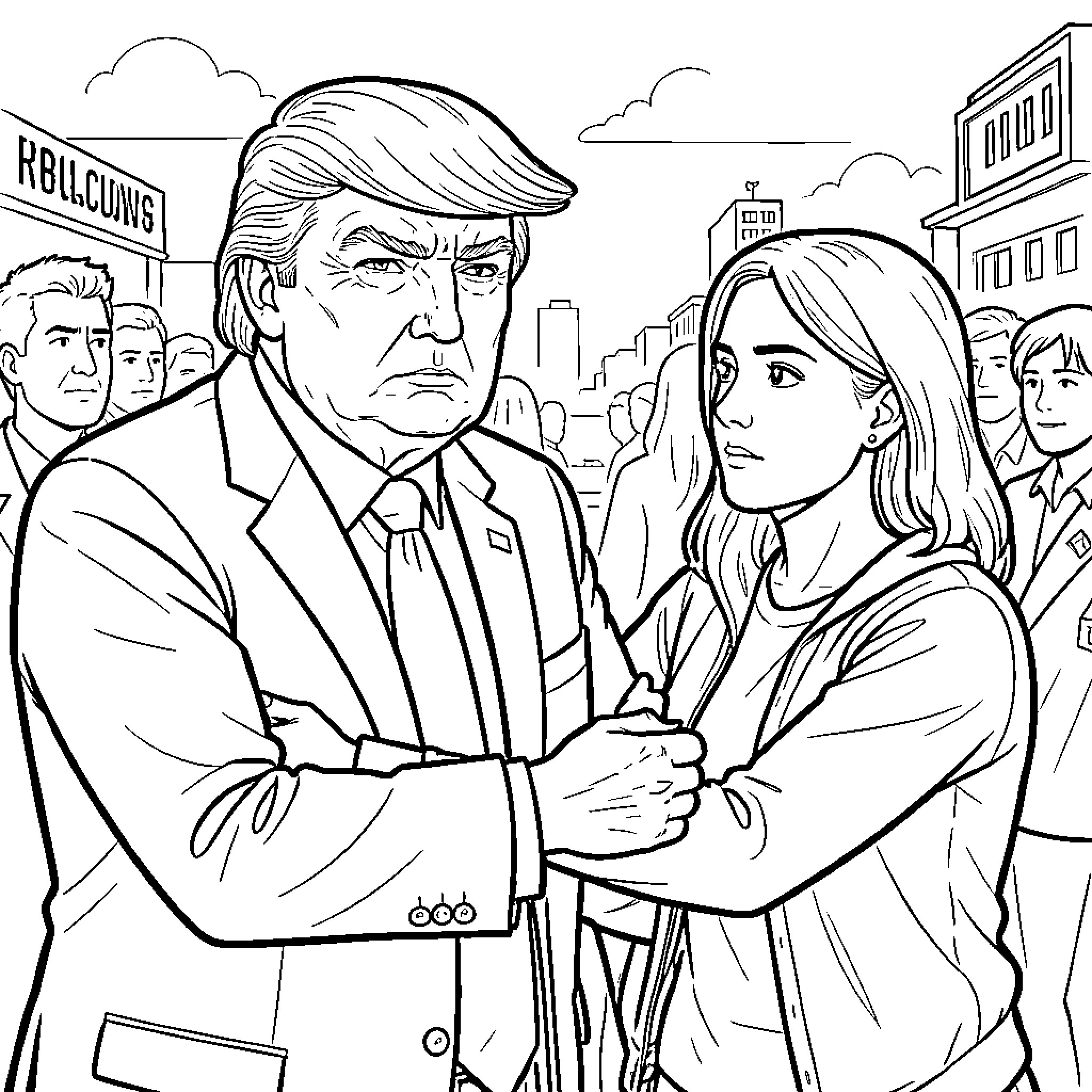 Donald Trump in a serious discussion with a woman Coloring Page (free black-and-white line drawing printable PDF for all, from beginners to advanced learners, including children, teens, adults, and seniors)
