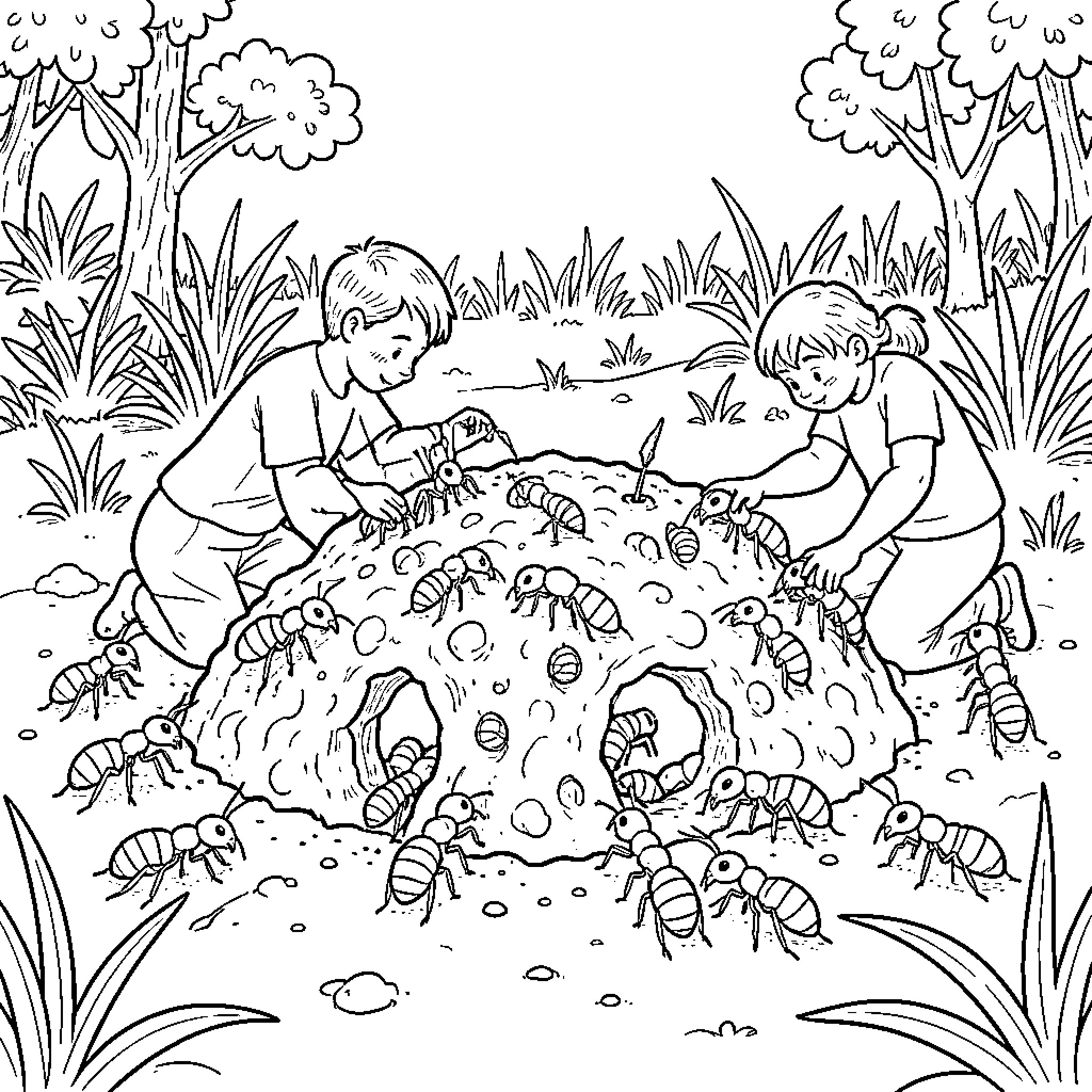 Ant Nest Excavation by Children in the Woods Coloring Page (free black-and-white line drawing printable PDF for all, from beginners to advanced learners, including children, teens, adults, and seniors)