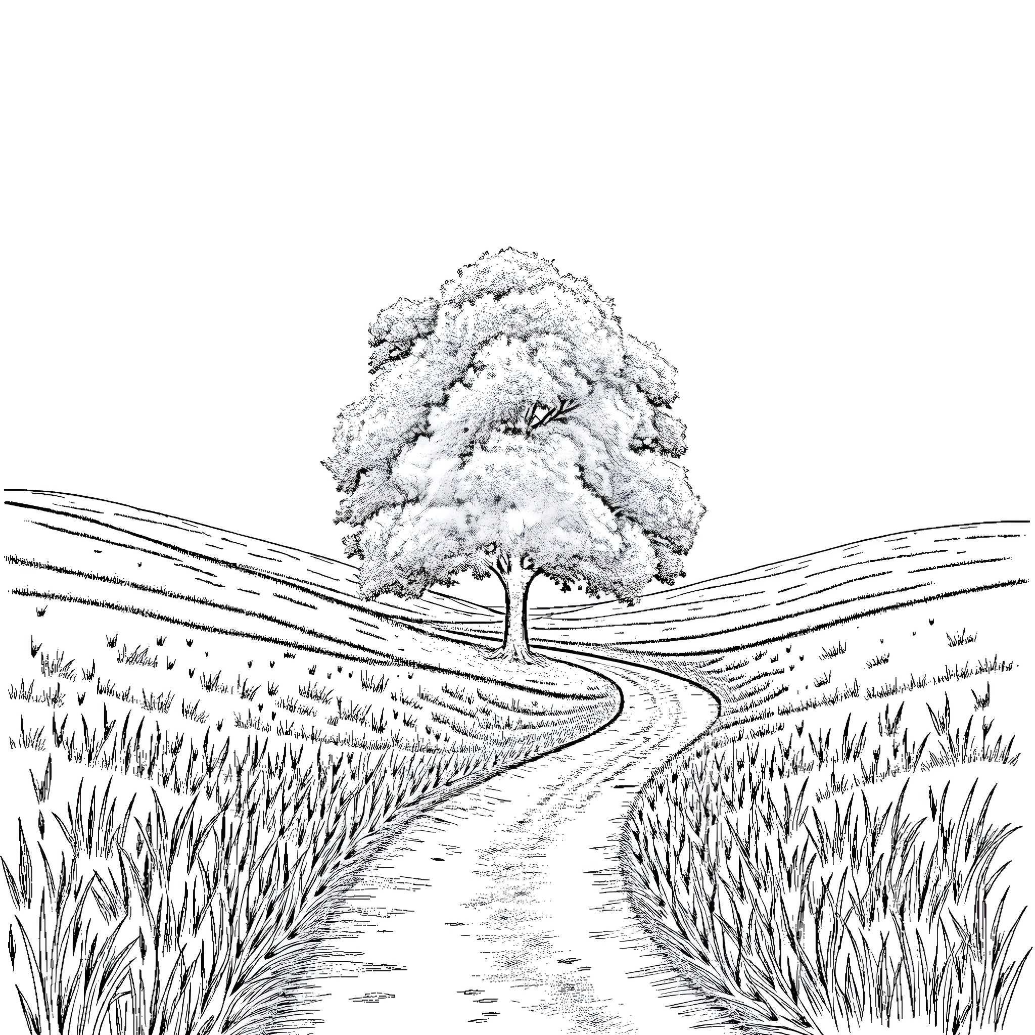 Tree standing tall in a snowy landscape Coloring Page (free black-and-white line drawing printable PDF for all, from beginners to advanced learners, including children, teens, adults, and seniors)