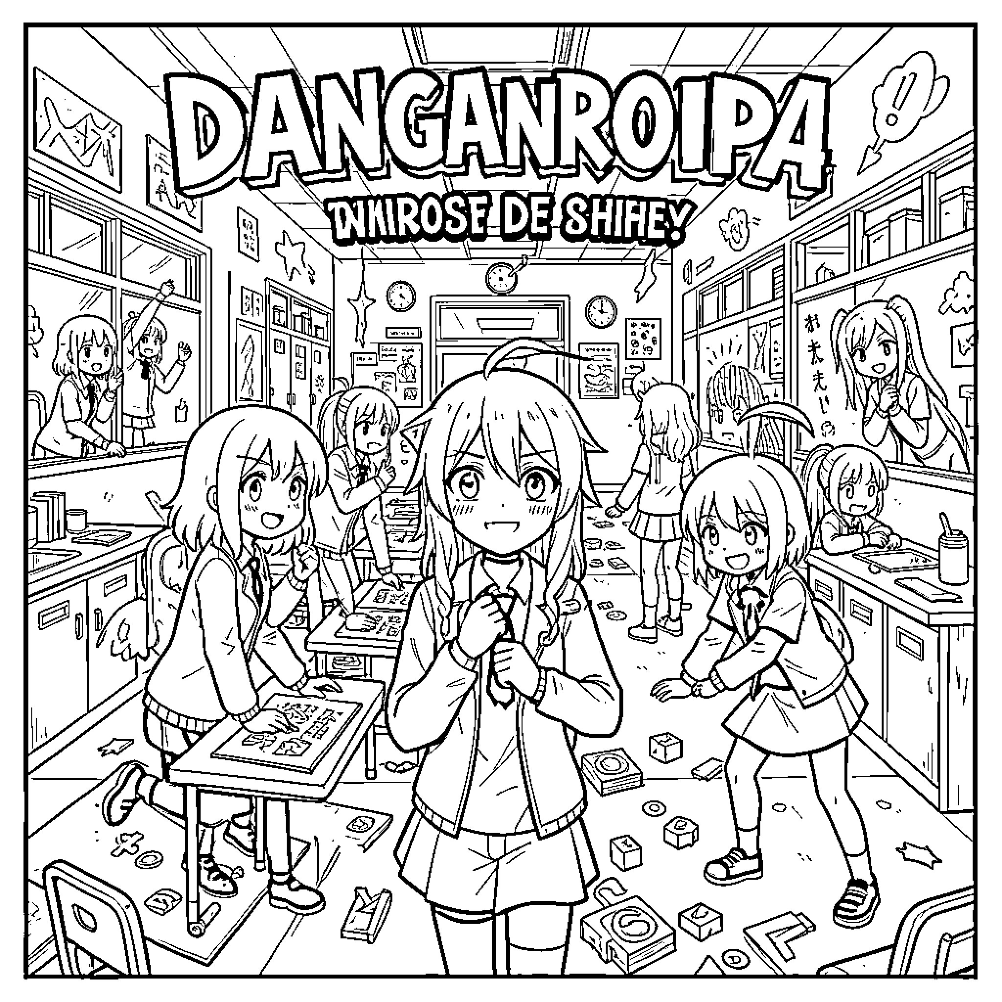 Danganronpa: Students in Vibrant Classroom Setting Coloring Page (free black-and-white line drawing printable PDF for all, from beginners to advanced learners, including children, teens, adults, and seniors)