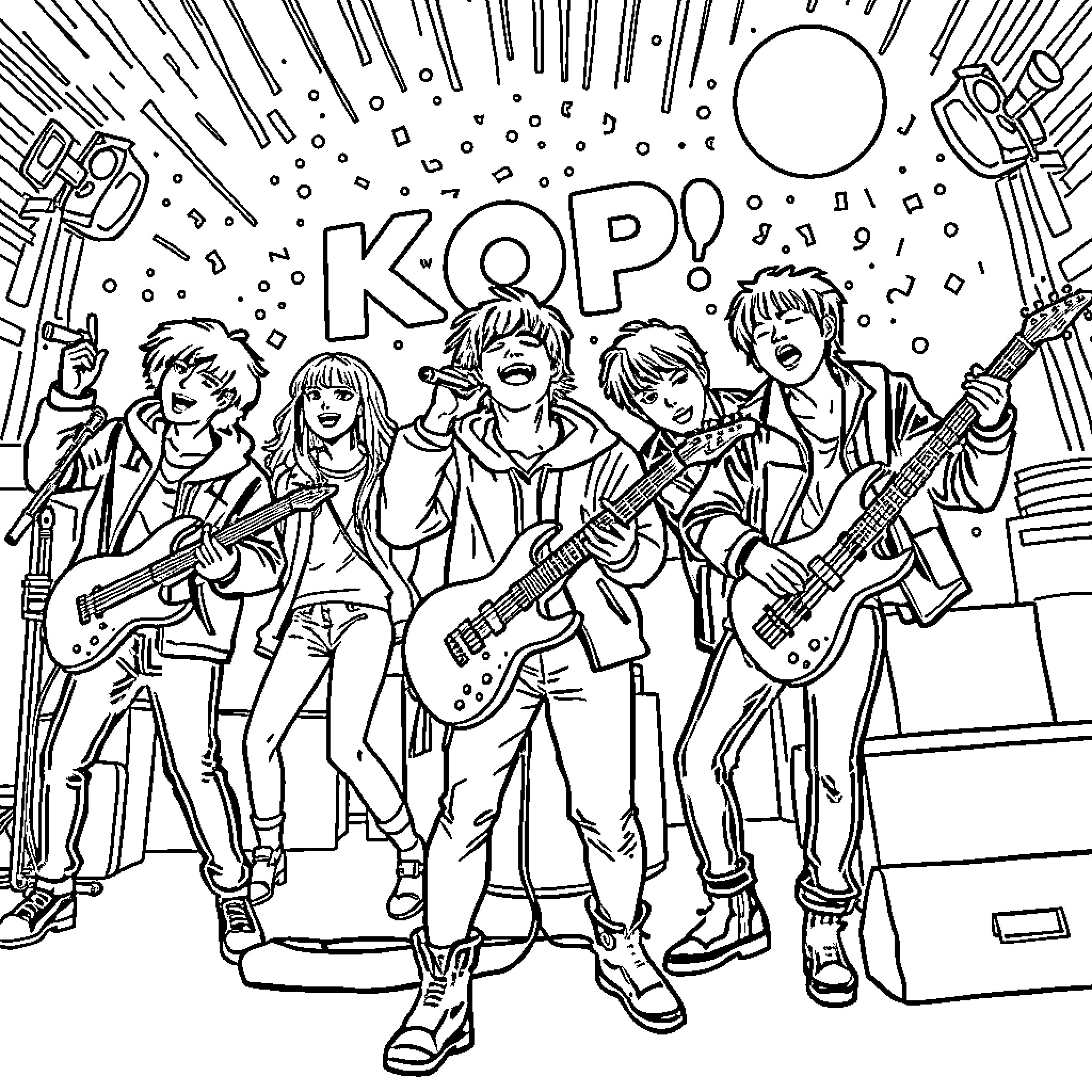 K Pop Band Performing on Stage with Energy Coloring Page (free black-and-white line drawing printable PDF for all, from beginners to advanced learners, including children, teens, adults, and seniors)