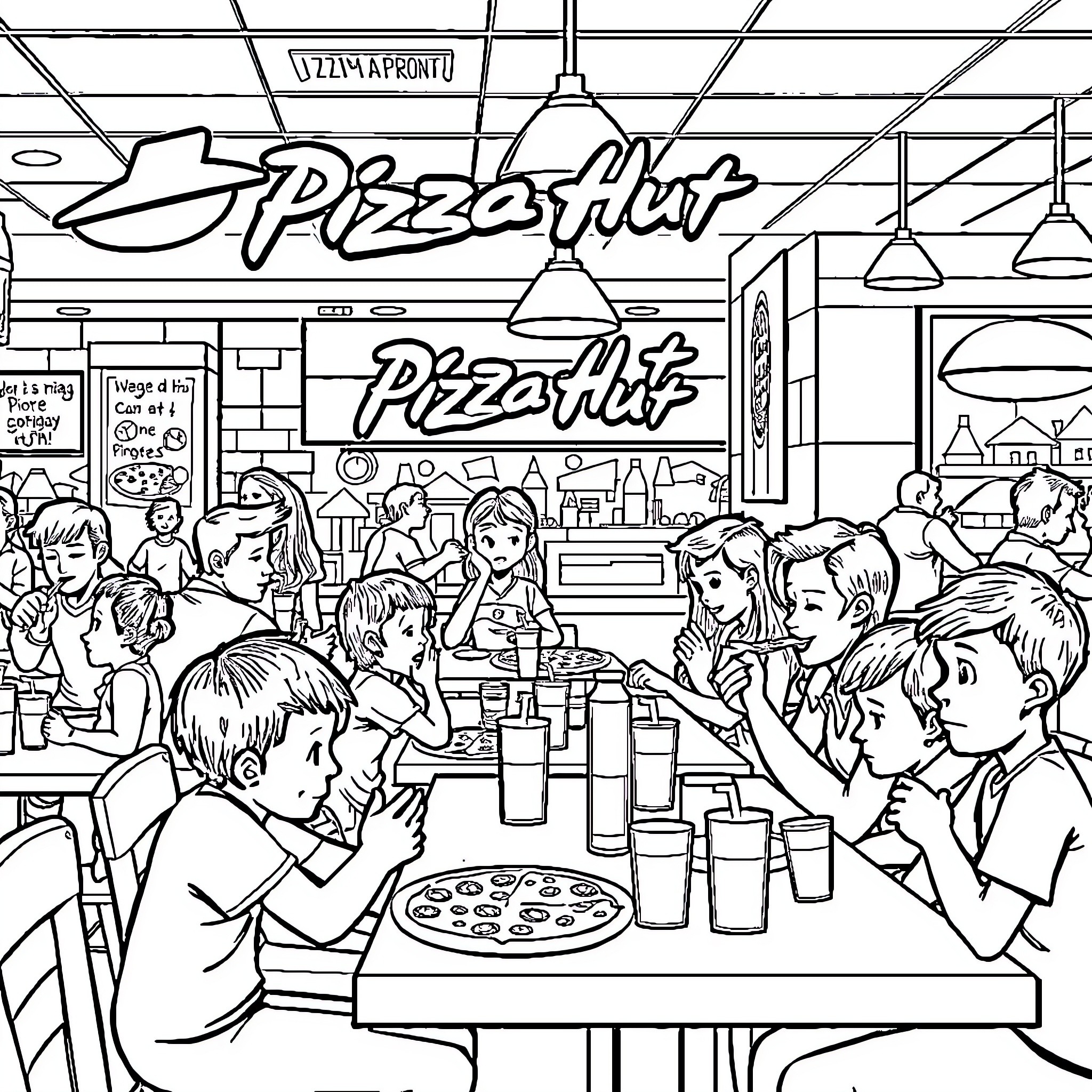 Pizza Hut: Customers Enjoying Meals and Socializing Coloring Page (free black-and-white line drawing printable PDF for all, from beginners to advanced learners, including children, teens, adults, and seniors)