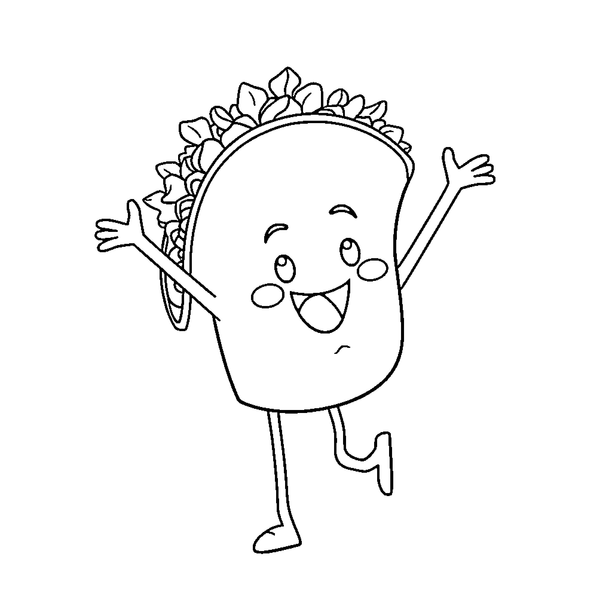 Taco character happily waving Coloring Page (free black-and-white line drawing printable PDF for all, from beginners to advanced learners, including children, teens, adults, and seniors)