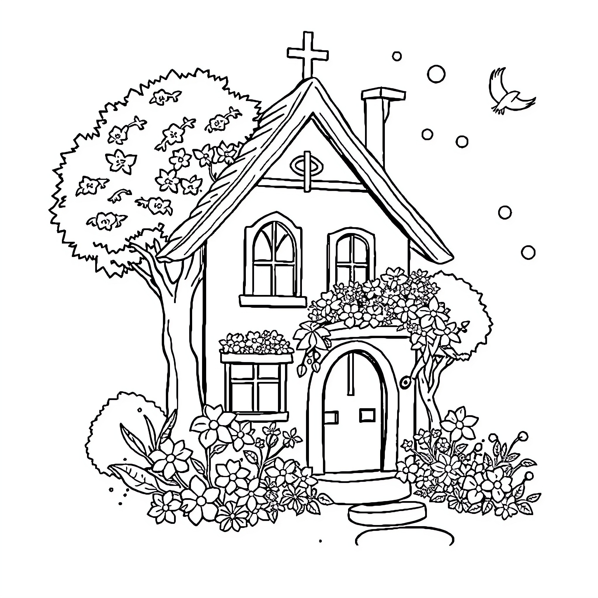 Snow White's Charming Cottage in the Woods Coloring Page (free black-and-white line drawing printable PDF for all, from beginners to advanced learners, including children, teens, adults, and seniors)