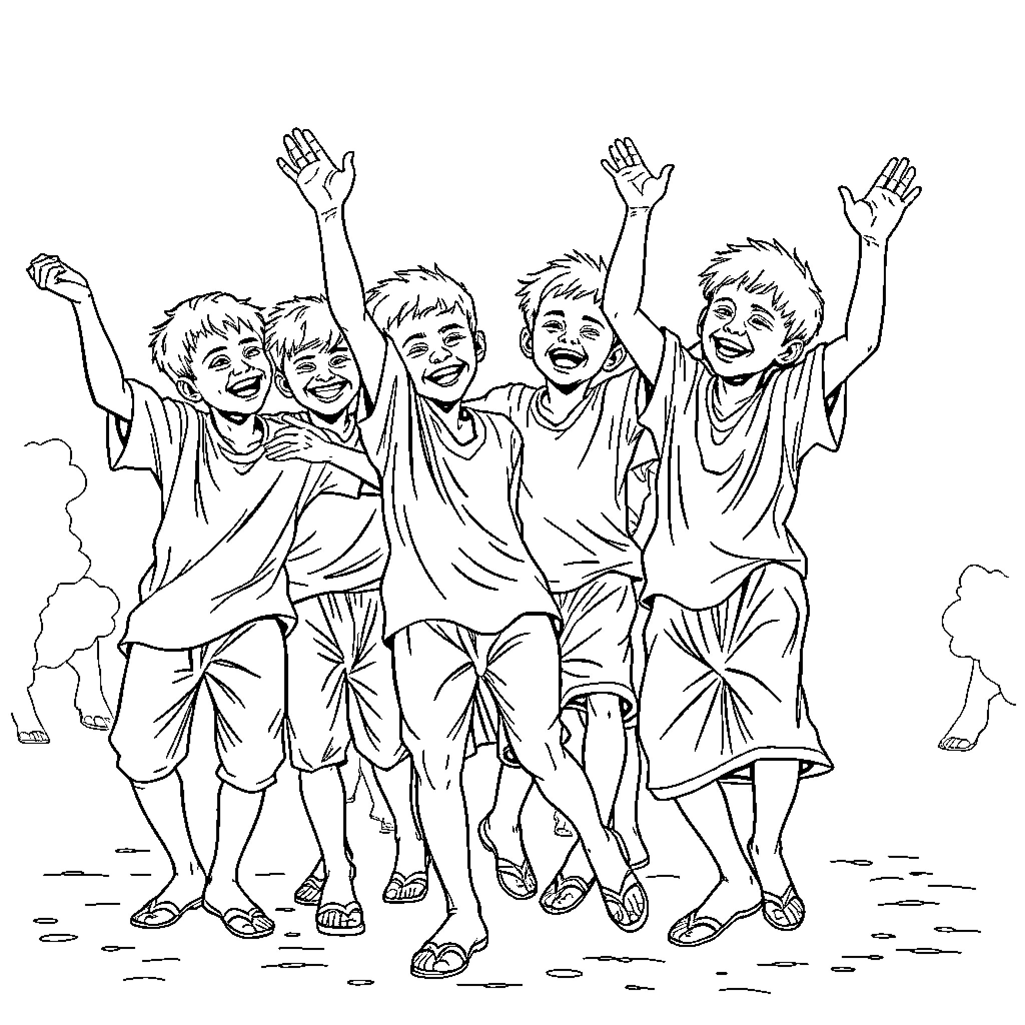 Boys celebrating joyfully on the beach Coloring Page (free black-and-white line drawing printable PDF for all, from beginners to advanced learners, including children, teens, adults, and seniors)