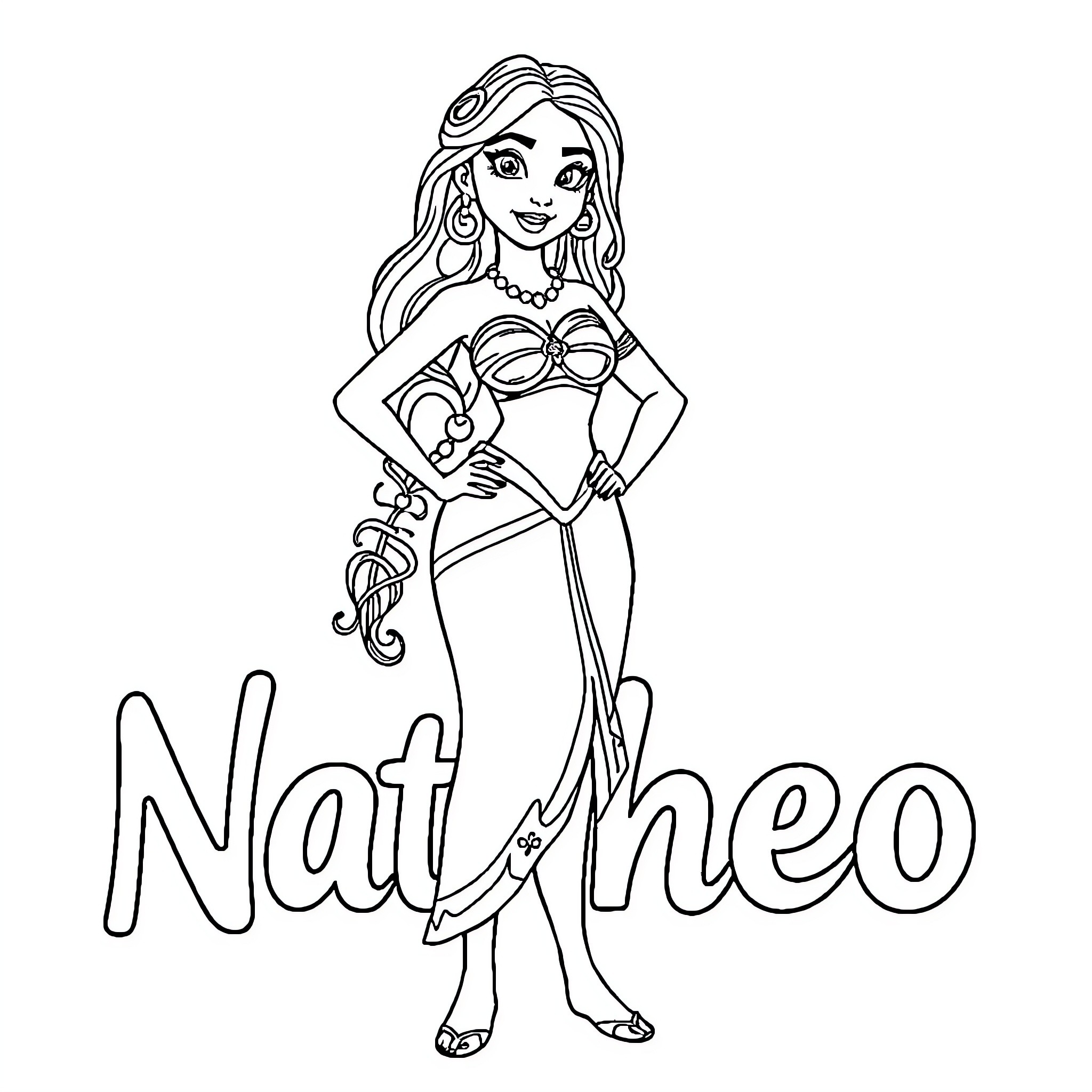 Vaiana depicted in action with outfit and expression Coloring Page (free black-and-white line drawing printable PDF for all, from beginners to advanced learners, including children, teens, adults, and seniors)
