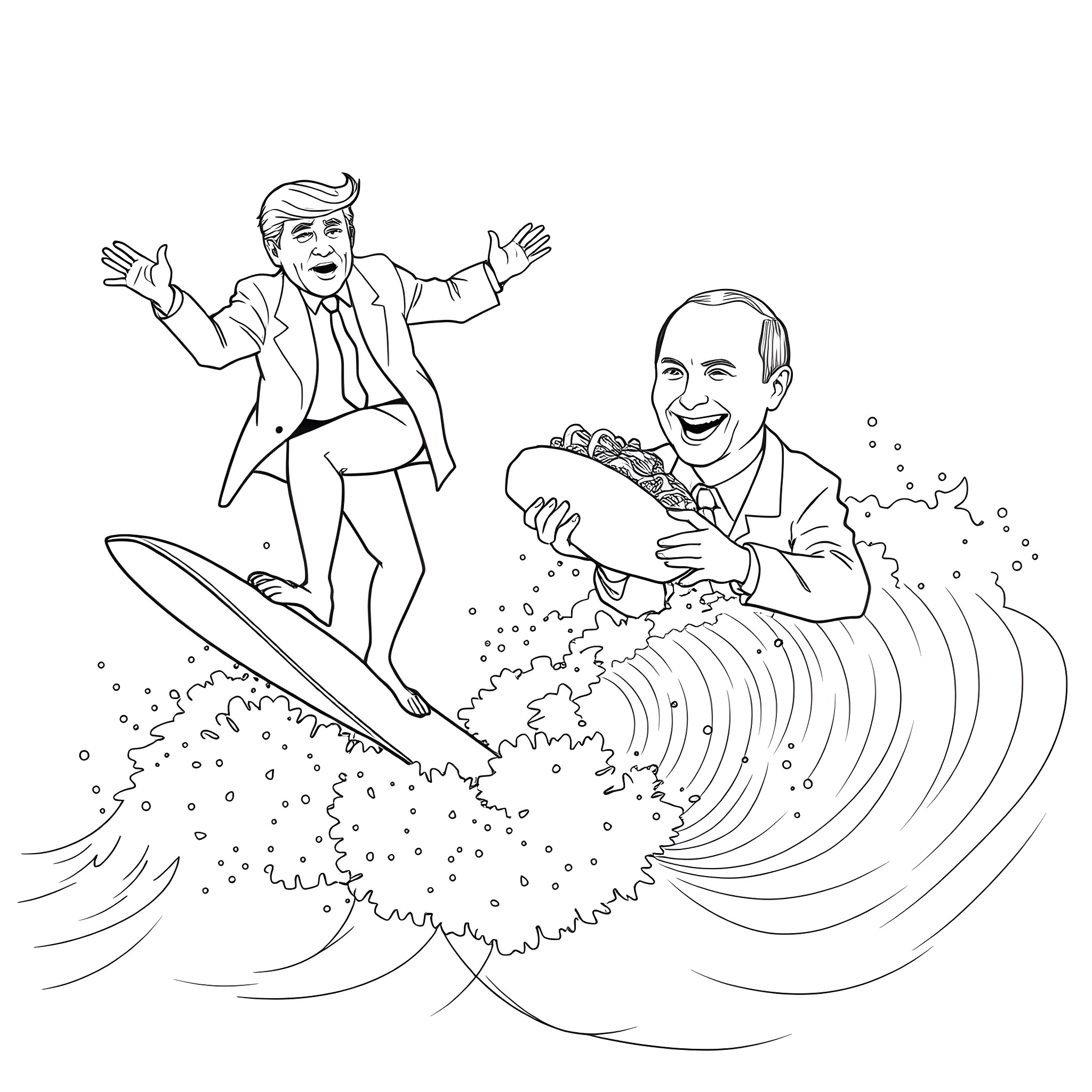 Donald Trump and Vladimir Putin surfing in the ocean Coloring Page (free black-and-white line drawing printable PDF for all, from beginners to advanced learners, including children, teens, adults, and seniors)
