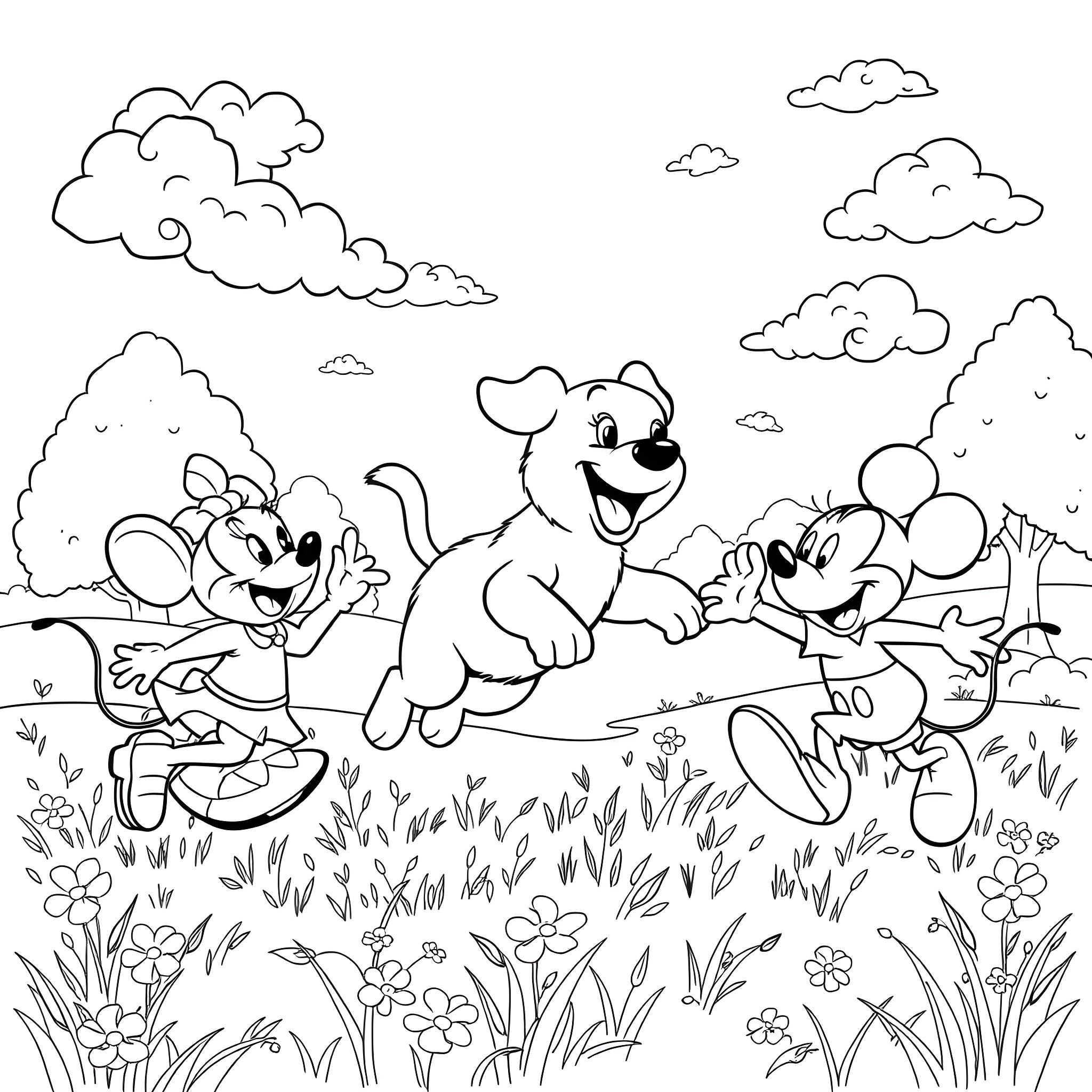 Mouse friends enjoying the outdoors Coloring Page (free black-and-white line drawing printable PDF for all, from beginners to advanced learners, including children, teens, adults, and seniors)