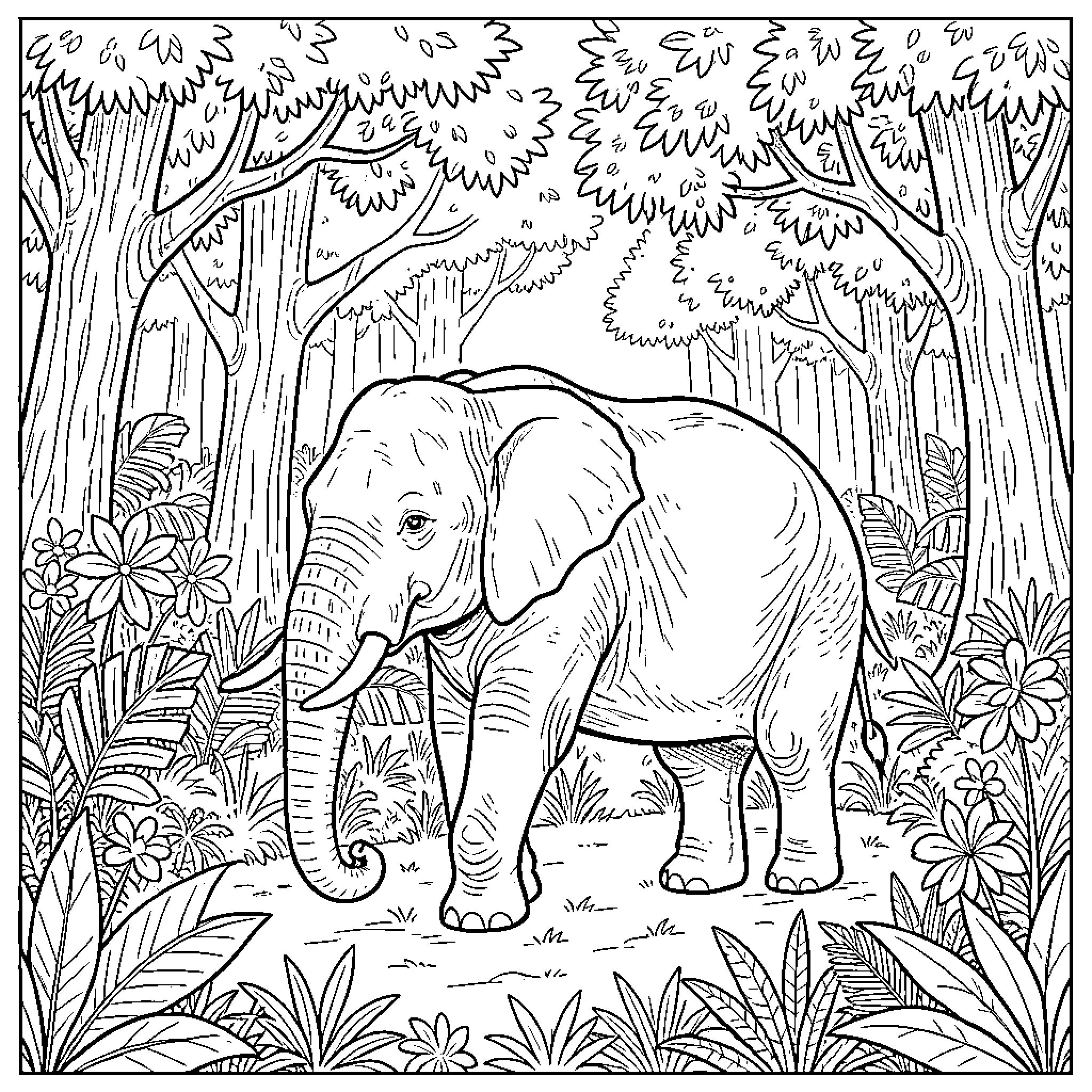 Elephant in a lush jungle landscape Coloring Page (free black-and-white line drawing printable PDF for all, from beginners to advanced learners, including children, teens, adults, and seniors)