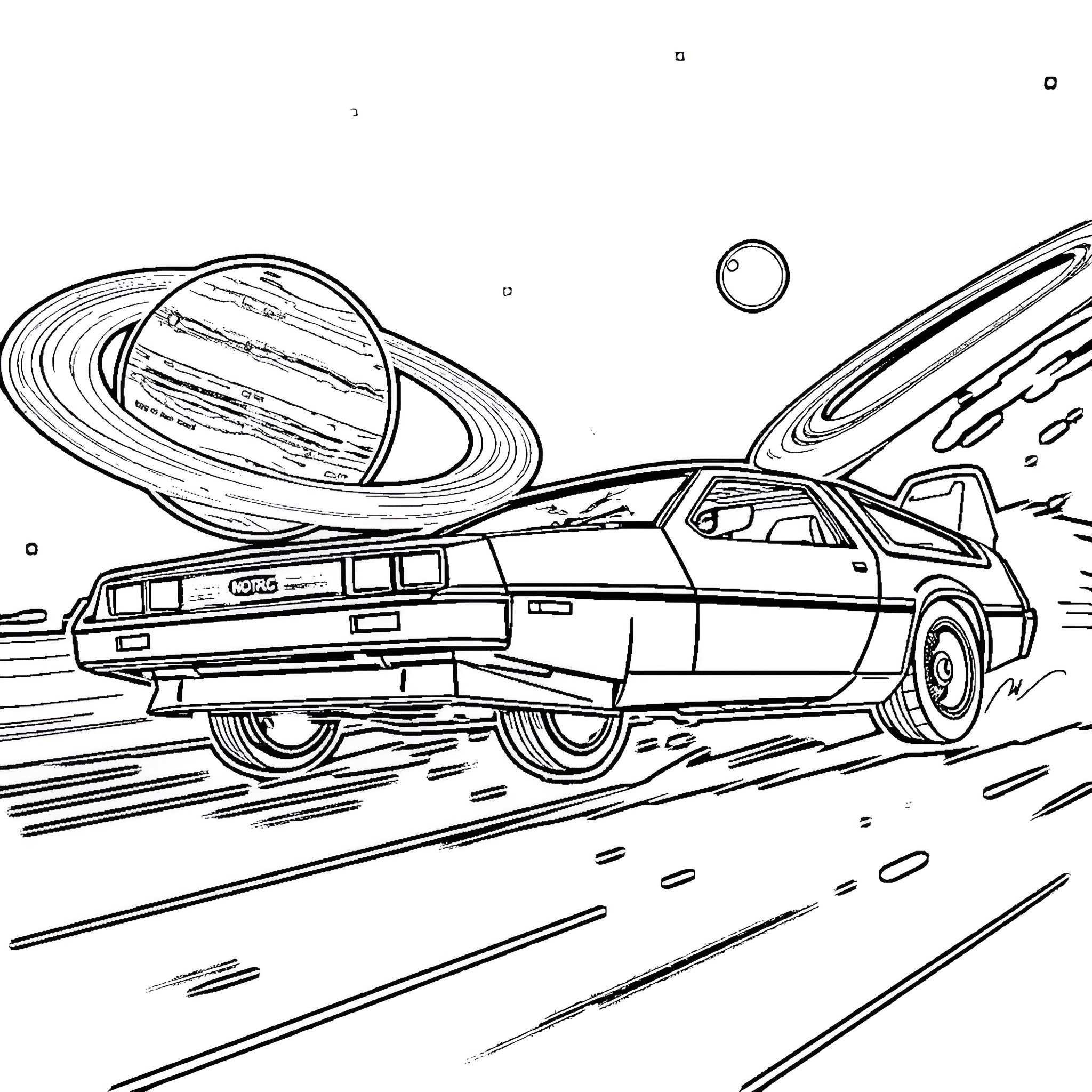 DeLorean speeding through cosmic landscape Coloring Page (free black-and-white line drawing printable PDF for all, from beginners to advanced learners, including children, teens, adults, and seniors)