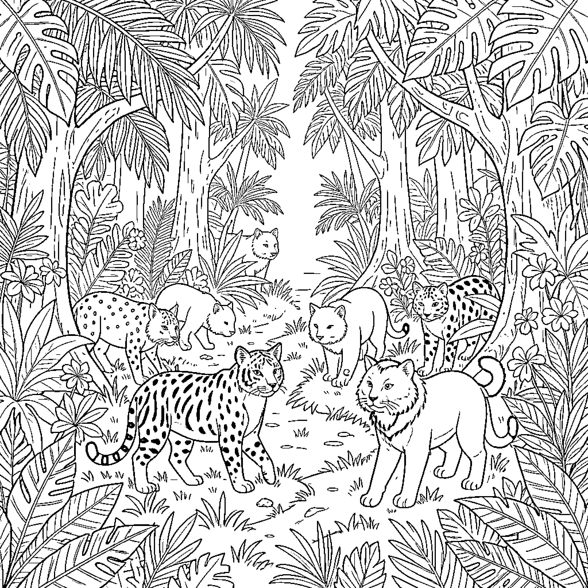 Animal Jungle Exploration and Discovery Coloring Page (free black-and-white line drawing printable PDF for all, from beginners to advanced learners, including children, teens, adults, and seniors)