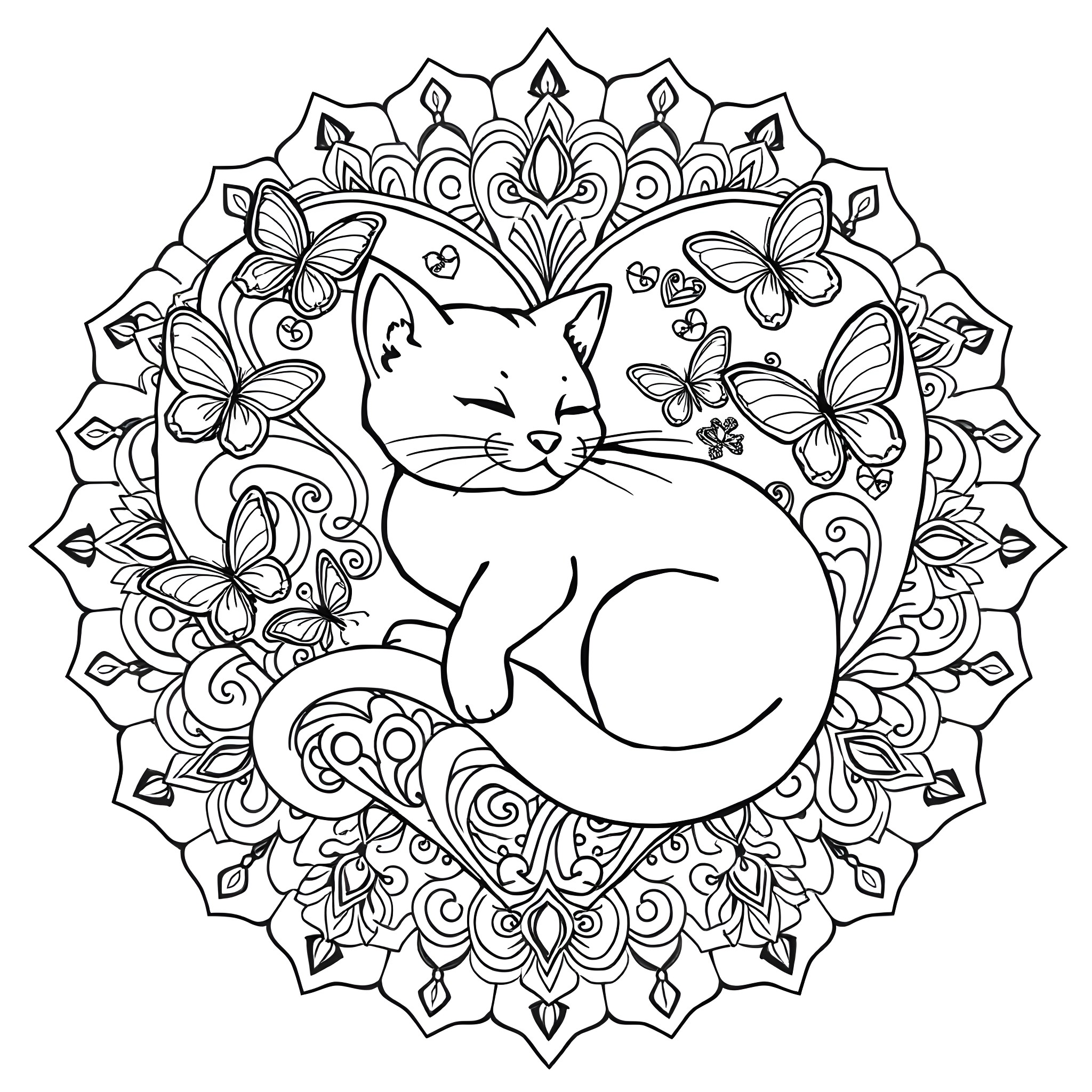 Cat in a decorative floral mandala Coloring Page (free black-and-white line drawing printable PDF for all, from beginners to advanced learners, including children, teens, adults, and seniors)