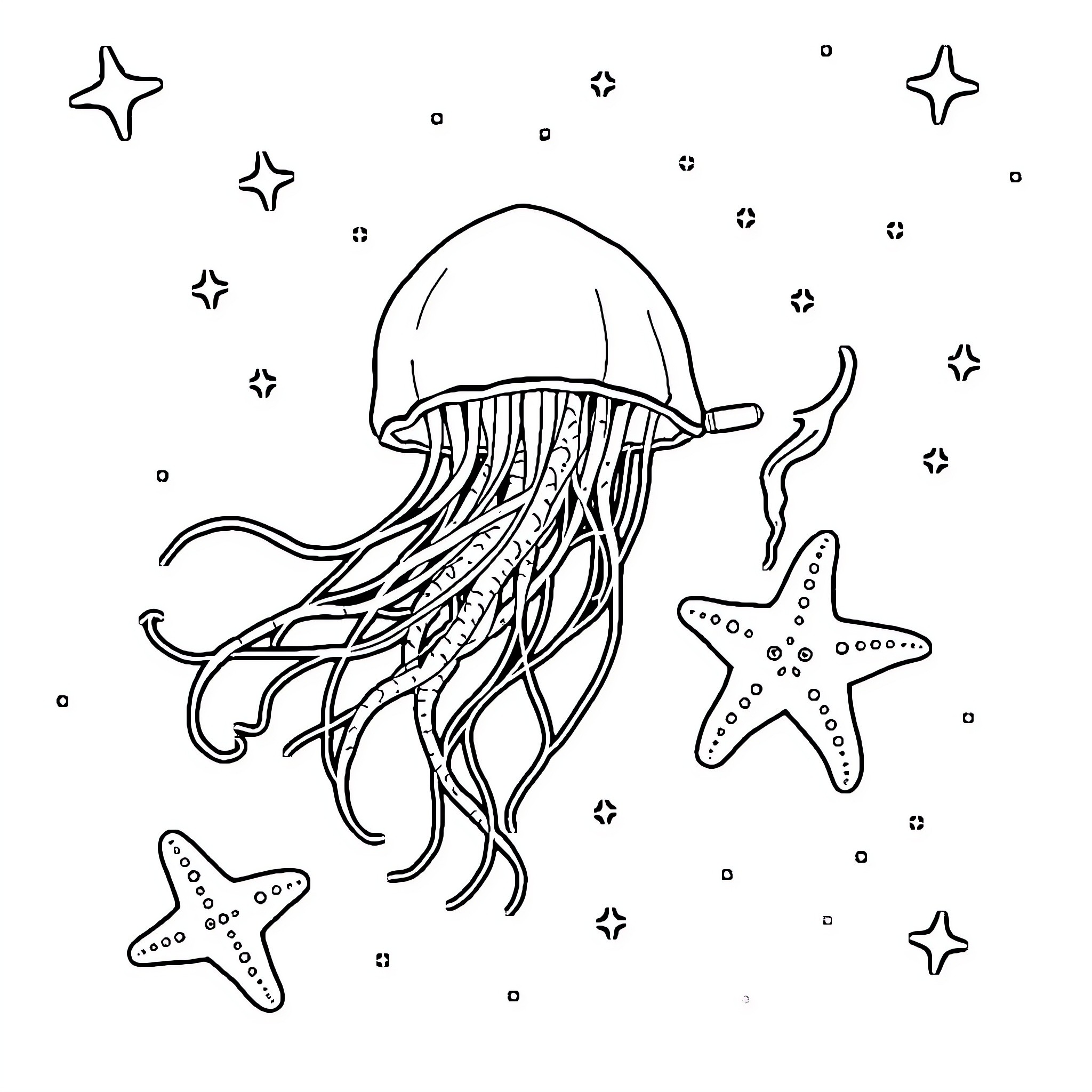 Jellyfish swimming among the stars Coloring Page (free black-and-white line drawing printable PDF for all, from beginners to advanced learners, including children, teens, adults, and seniors)