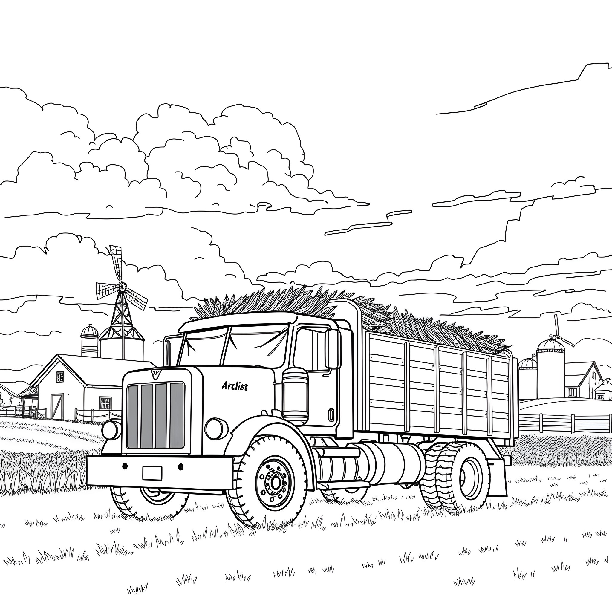 Grain Truck transporting harvest on rural road Coloring Page (free black-and-white line drawing printable PDF for all, from beginners to advanced learners, including children, teens, adults, and seniors)