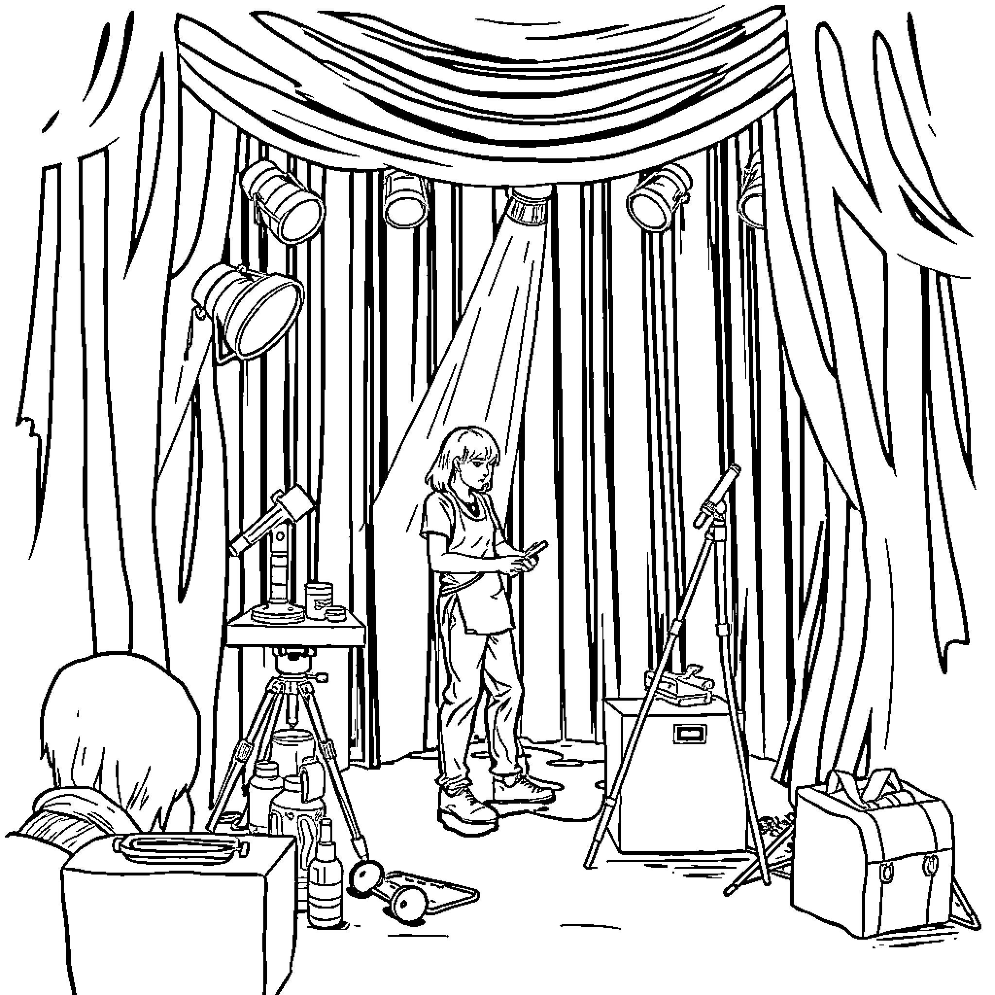 Stagehand working diligently behind the scenes Coloring Page (free black-and-white line drawing printable PDF for all, from beginners to advanced learners, including children, teens, adults, and seniors)