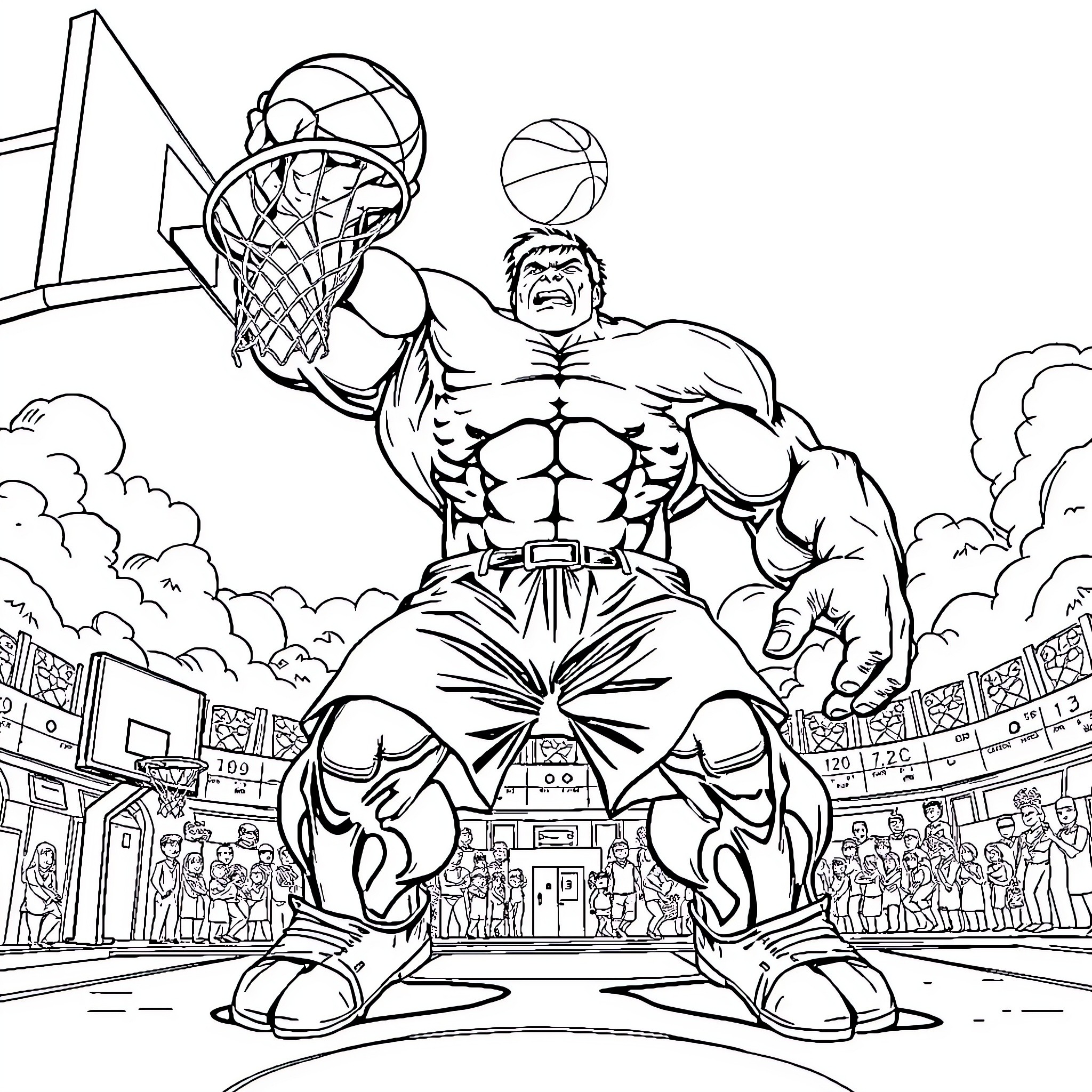 Hulk Dunks Powerfully on Basketball Court Coloring Page (free black-and-white line drawing printable PDF for all, from beginners to advanced learners, including children, teens, adults, and seniors)