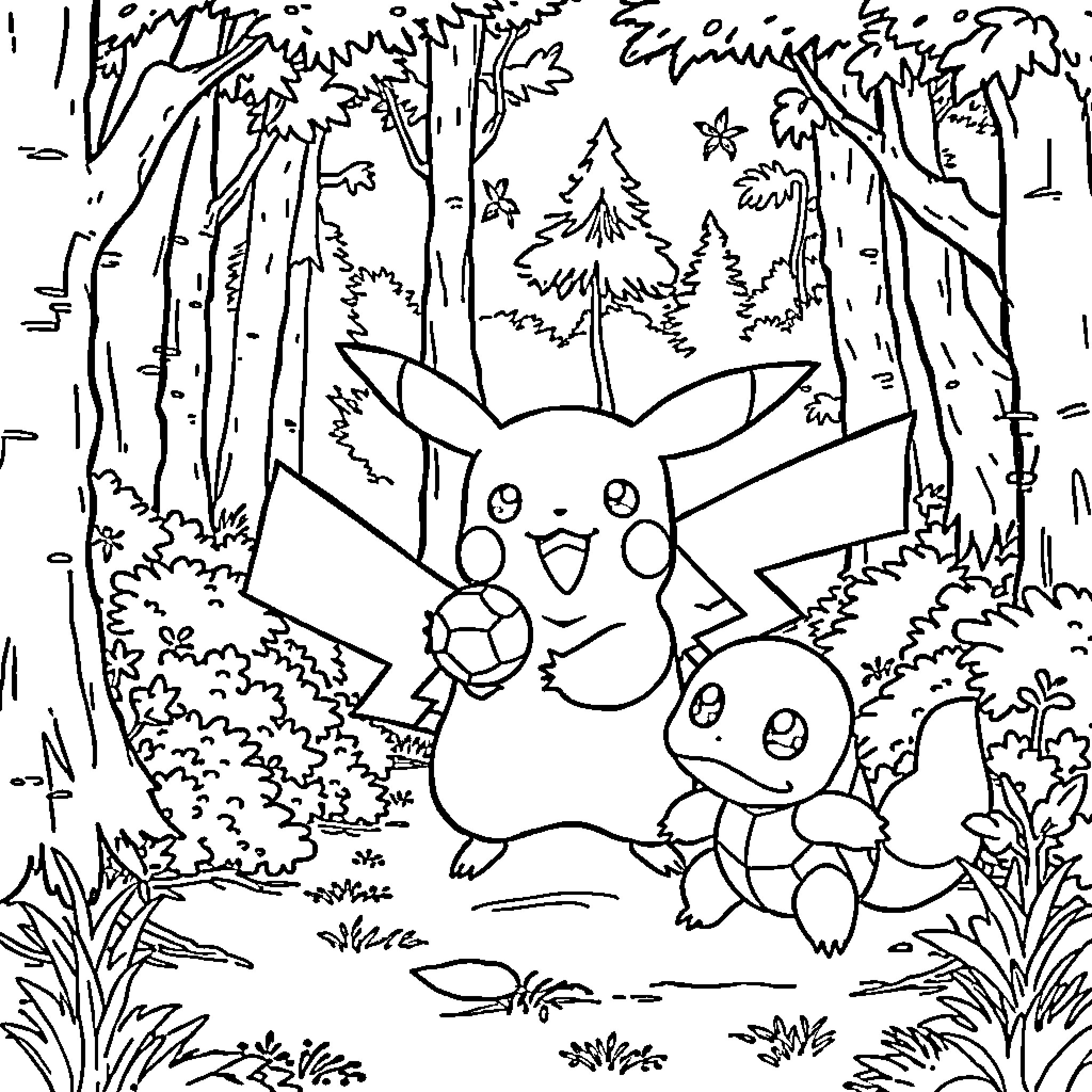 Pikachu holding a ball with Squirtle in the forest Coloring Page (free black-and-white line drawing printable PDF for all, from beginners to advanced learners, including children, teens, adults, and seniors)