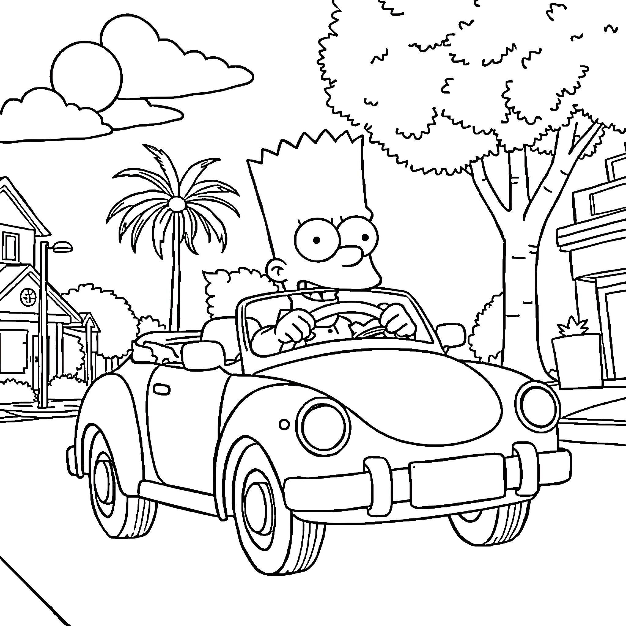 Bart Simpson driving a convertible in a lively town Coloring Page (free black-and-white line drawing printable PDF for all, from beginners to advanced learners, including children, teens, adults, and seniors)