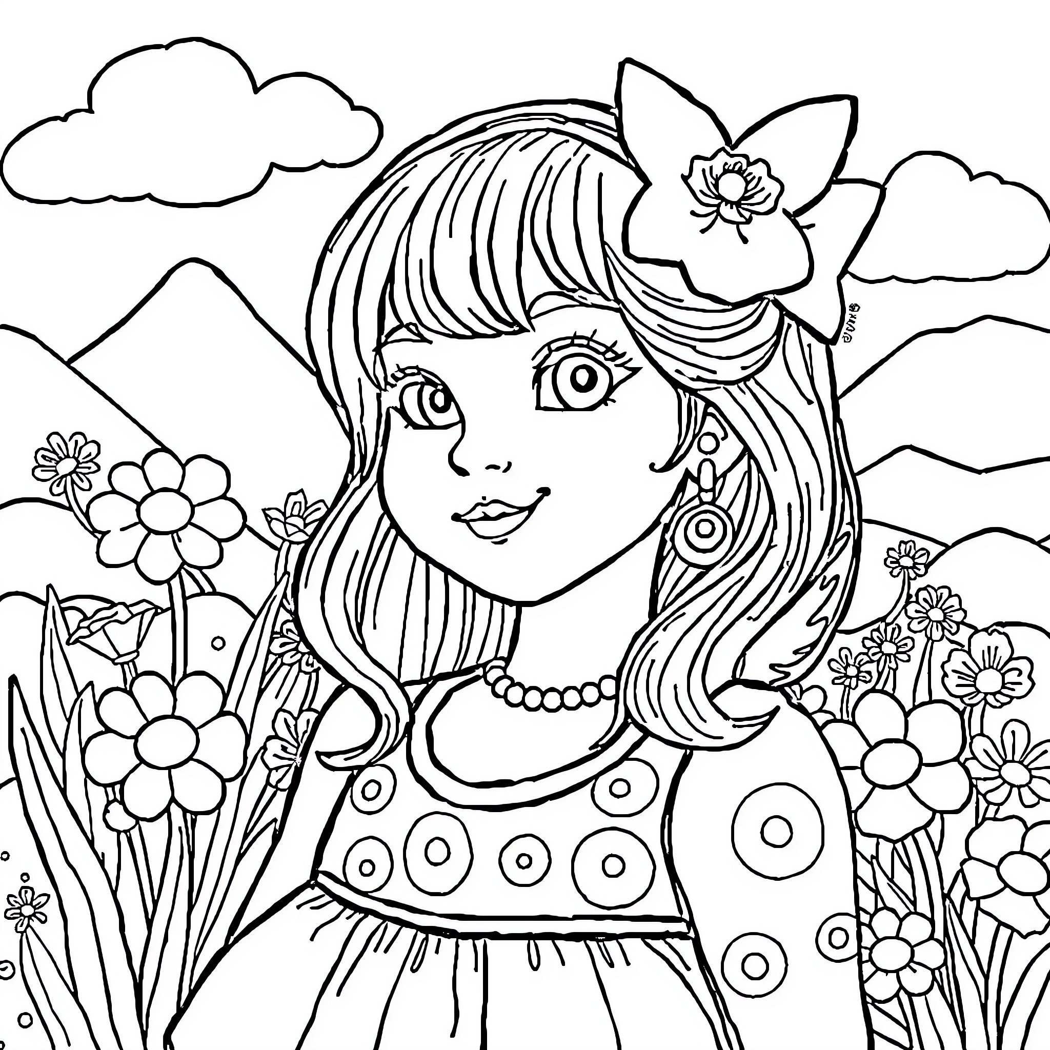 Kascha's Happy Adventure in the Flowers Coloring Page (free black-and-white line drawing printable PDF for all, from beginners to advanced learners, including children, teens, adults, and seniors)