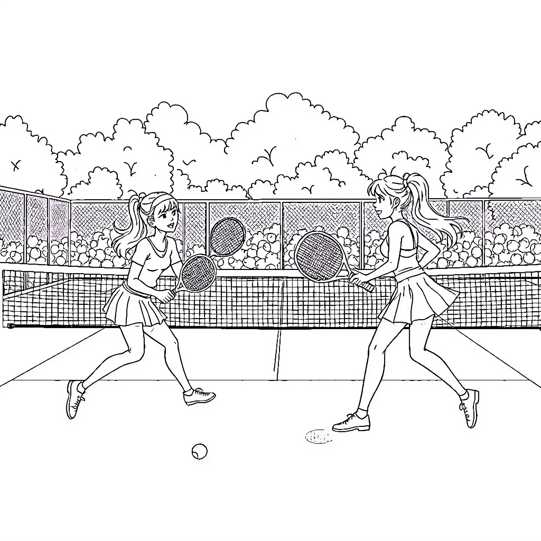 Sisters Enjoying a Tennis Match on the Court Coloring Page (free black-and-white line drawing printable PDF for all, from beginners to advanced learners, including children, teens, adults, and seniors)