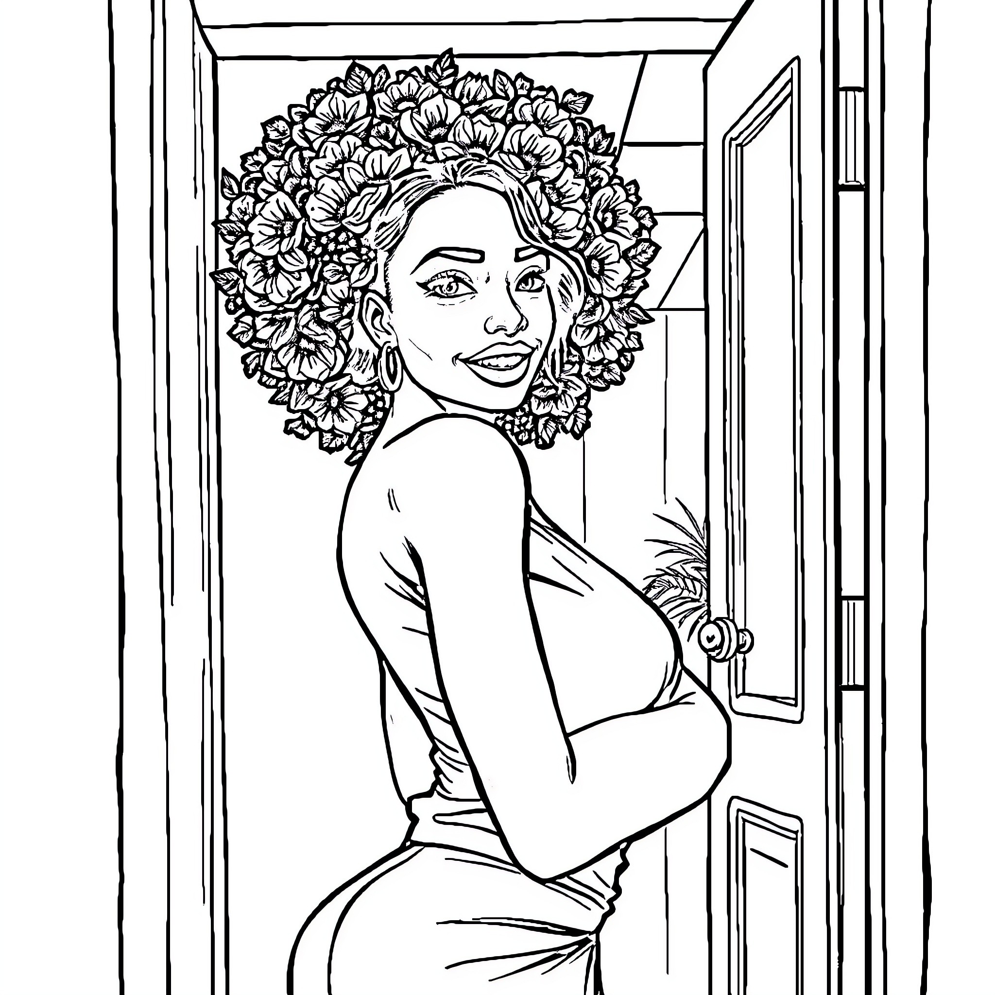 Woman with floral hairstyle posing by the door Coloring Page (free black-and-white line drawing printable PDF for all, from beginners to advanced learners, including children, teens, adults, and seniors)