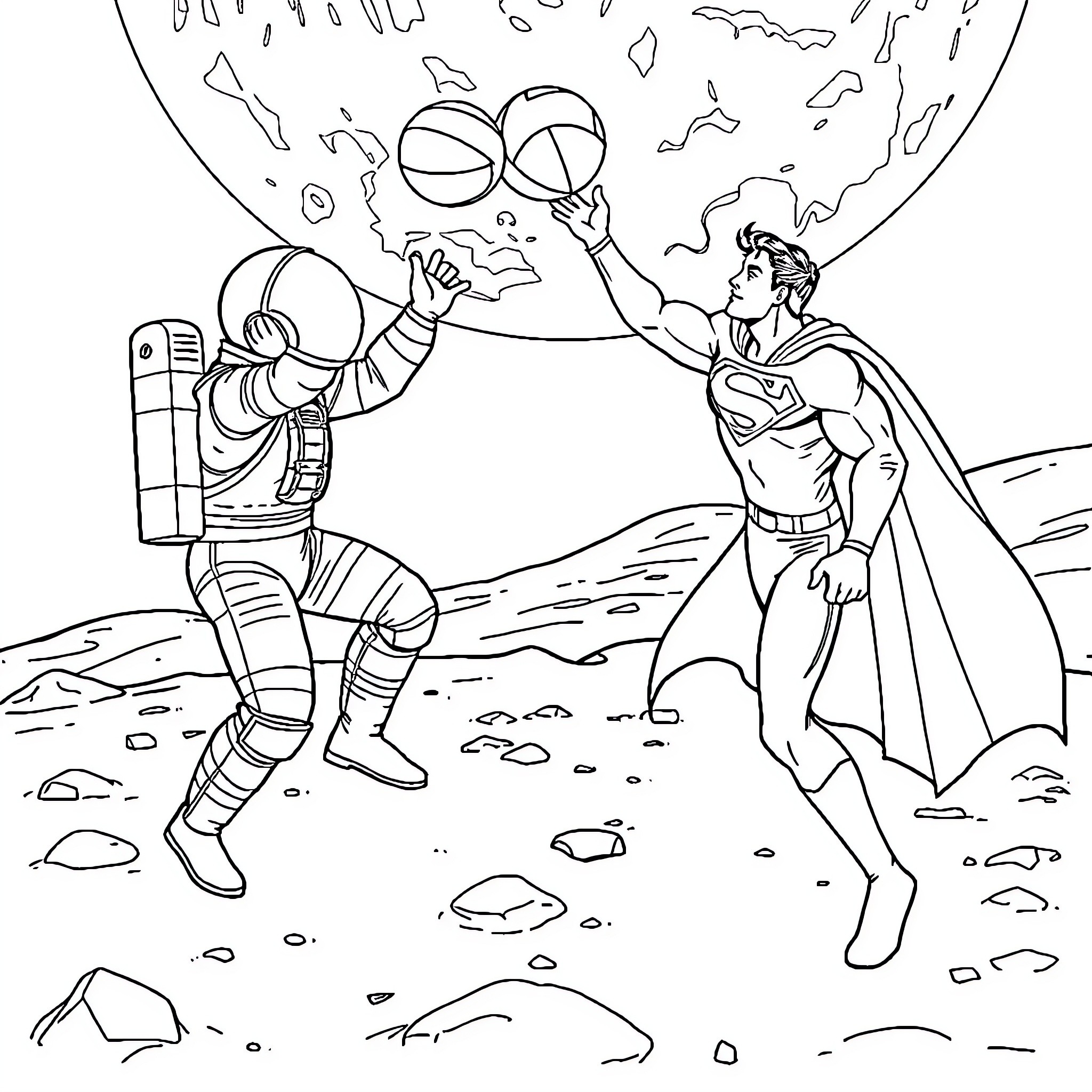 Astronaut and superhero exploring the moon Coloring Page (free black-and-white line drawing printable PDF for all, from beginners to advanced learners, including children, teens, adults, and seniors)