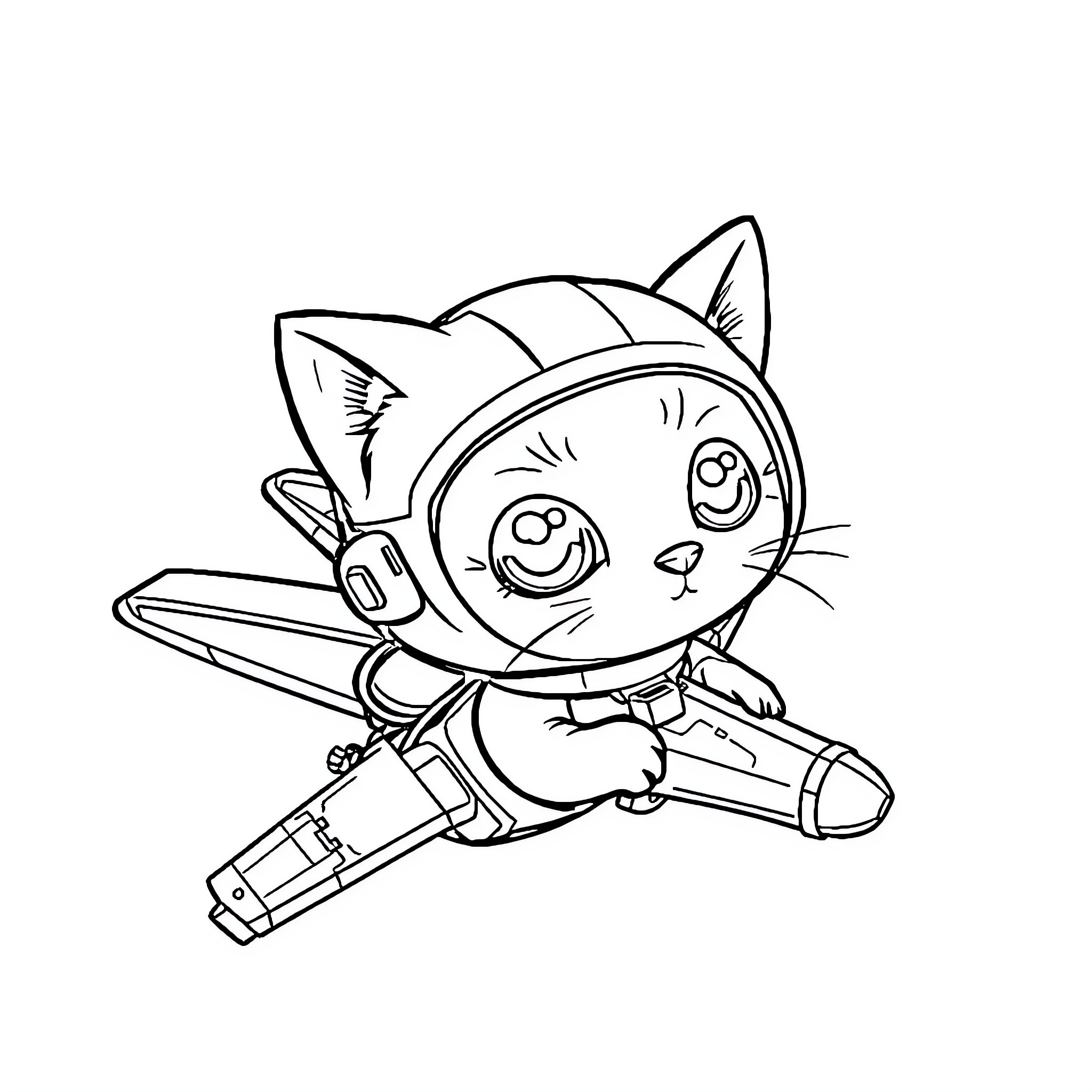 Kitty wielding futuristic tool Coloring Page (free black-and-white line drawing printable PDF for all, from beginners to advanced learners, including children, teens, adults, and seniors)